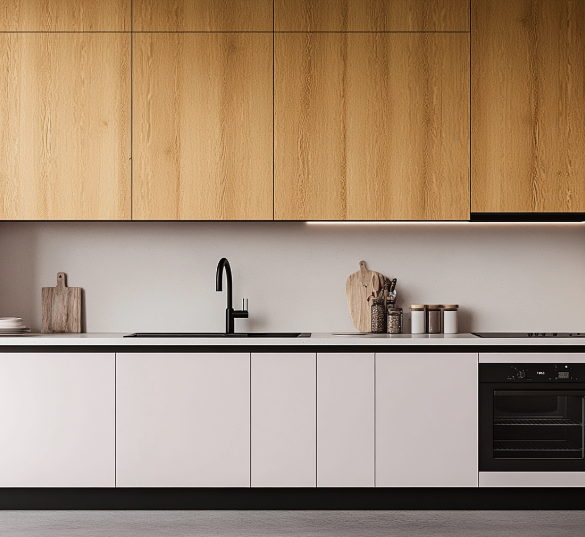 Minimalist Wooden Laminate and White Cabinetry for Modern Kitchen Design | Material Depot