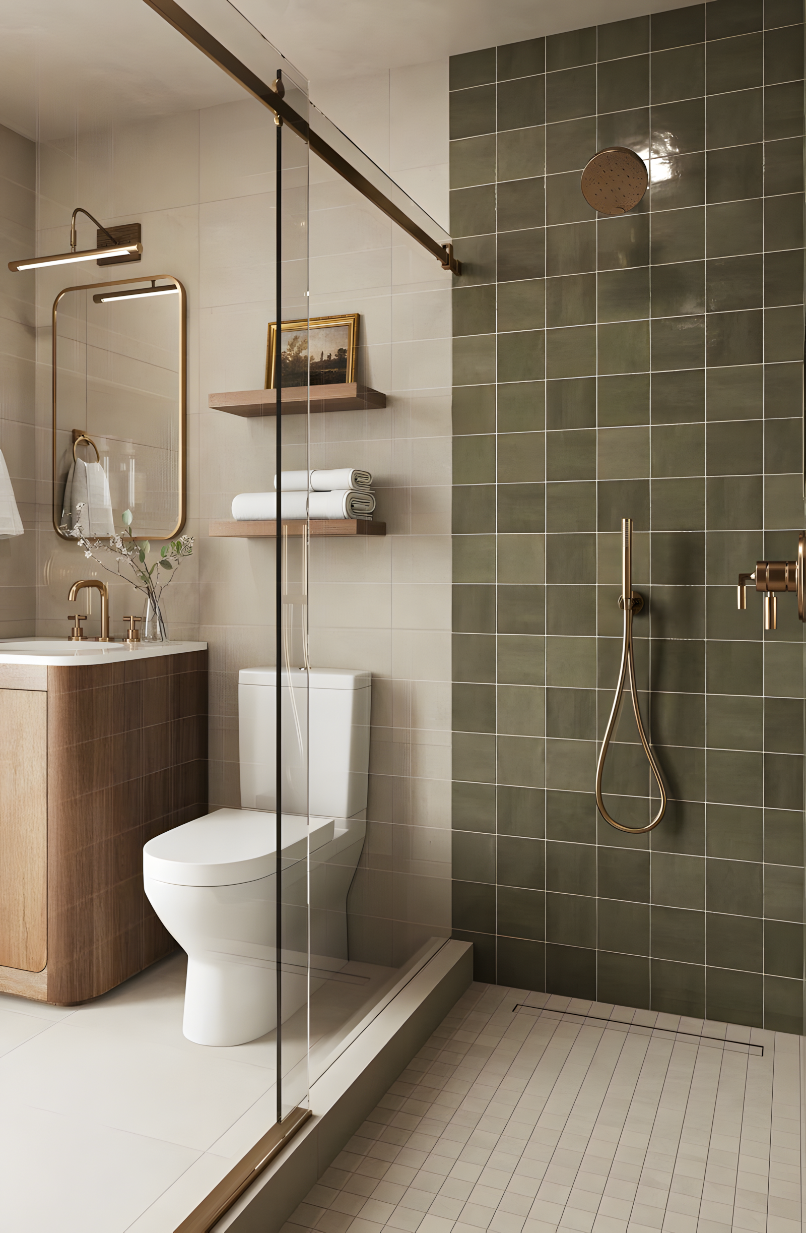 Minimalistic bathroom retreat with green subway tiles | Material Depot