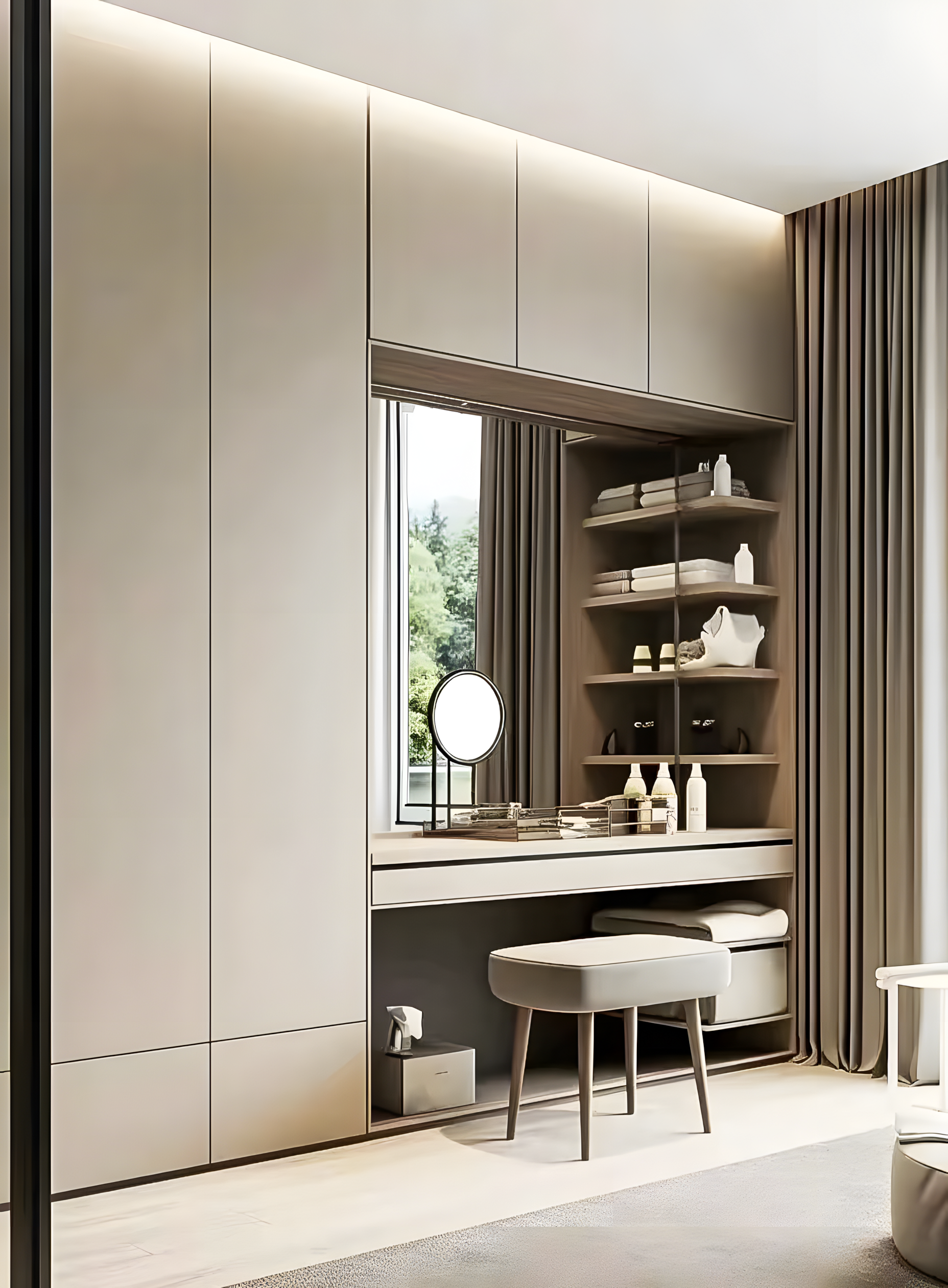 Modern and Sleek Beige Wardrobe with Built-In Vanity | Material Depot