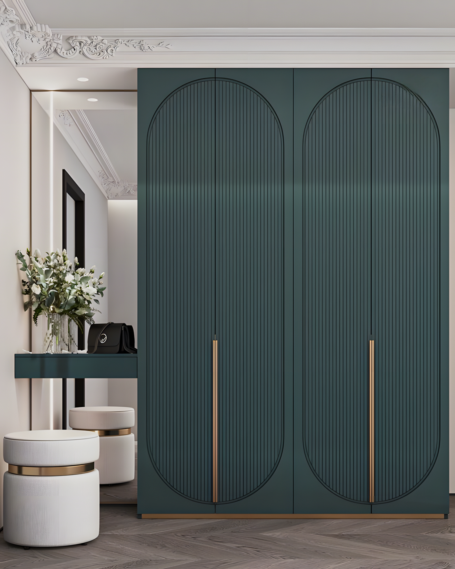 Modern Arched Fluted Wardrobe with Vanity | Material Depot