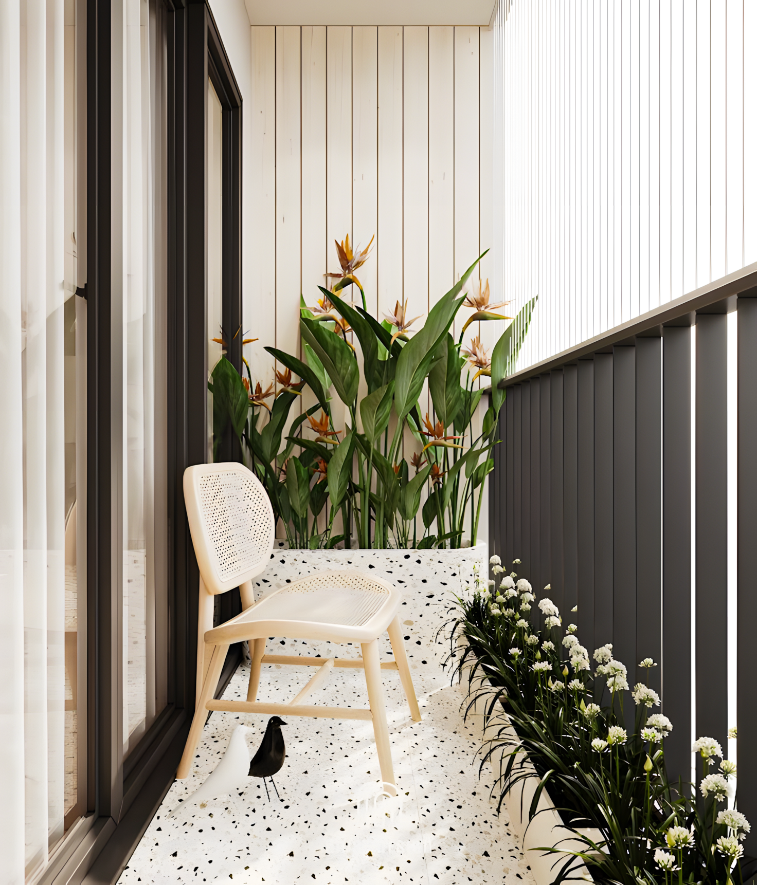 Modern Balcony with Bird of Paradise Plants and Terrazzo Tiles | Material Depot