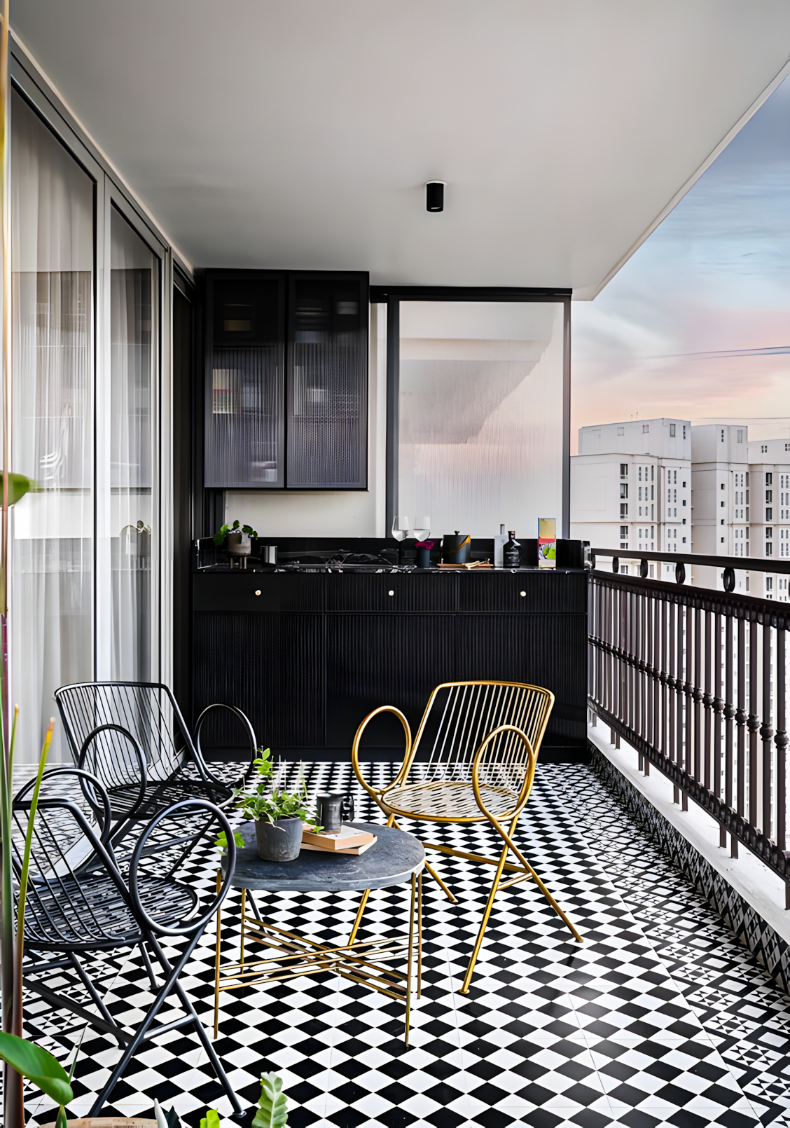 Modern Balcony with Black and White Checkerboard Tiles | Material Depot