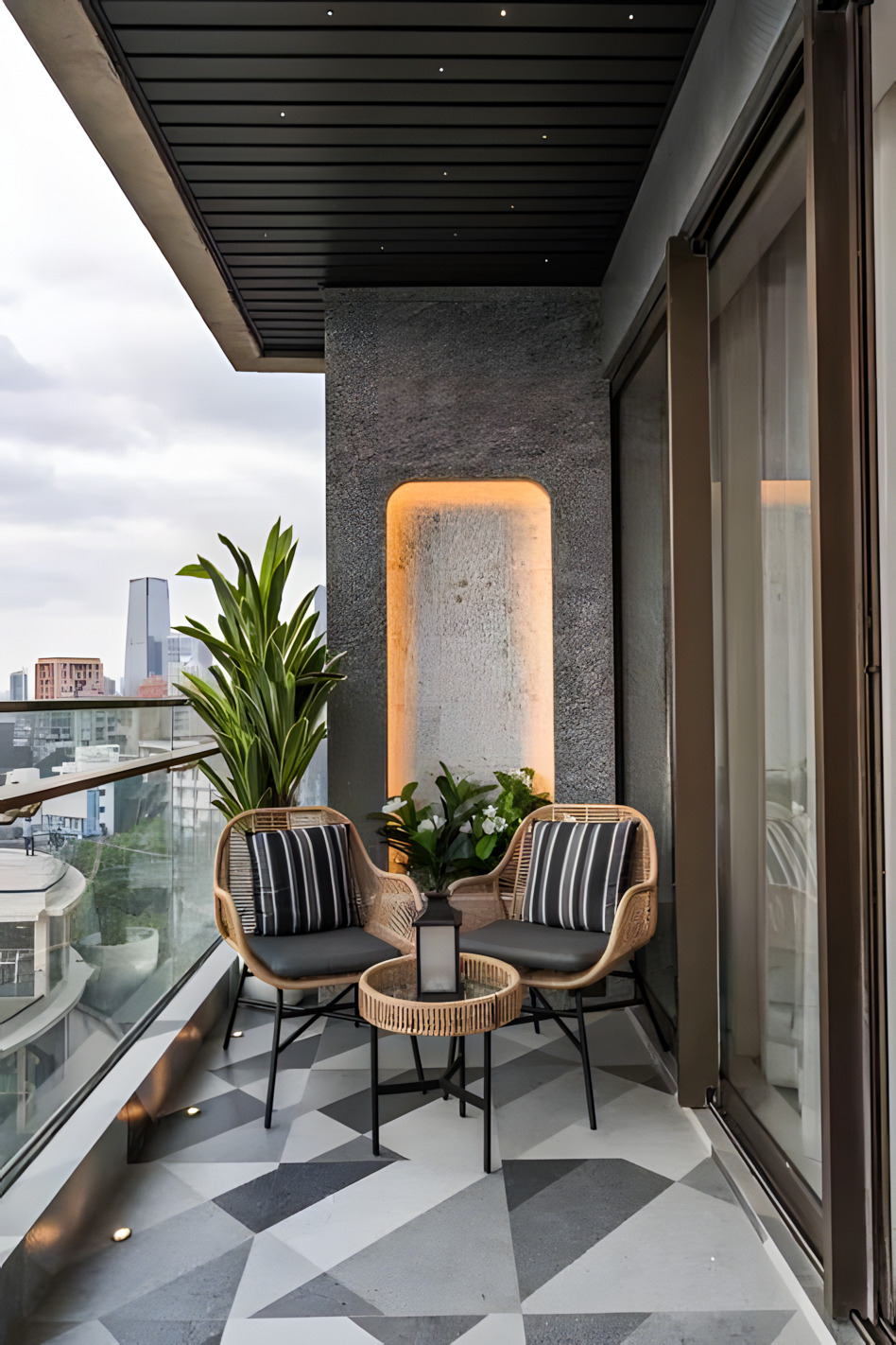 Modern Balcony with Geometric Tiles and City Views | Material Depot