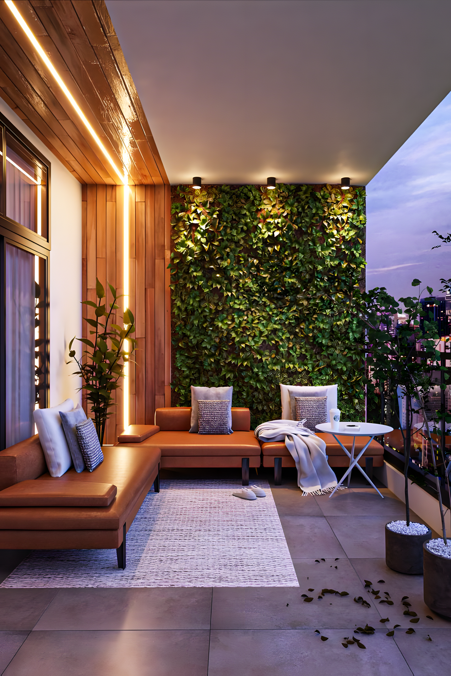 Modern Balcony with Green Wall and Wooden Accents | Material Depot