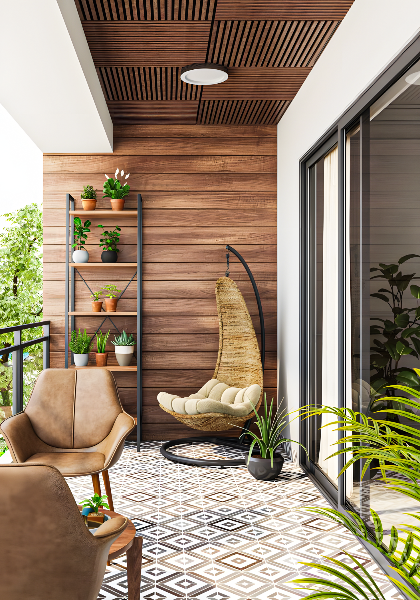 Modern Balcony with Patterned Tiles and Wooden Accents | Material Depot