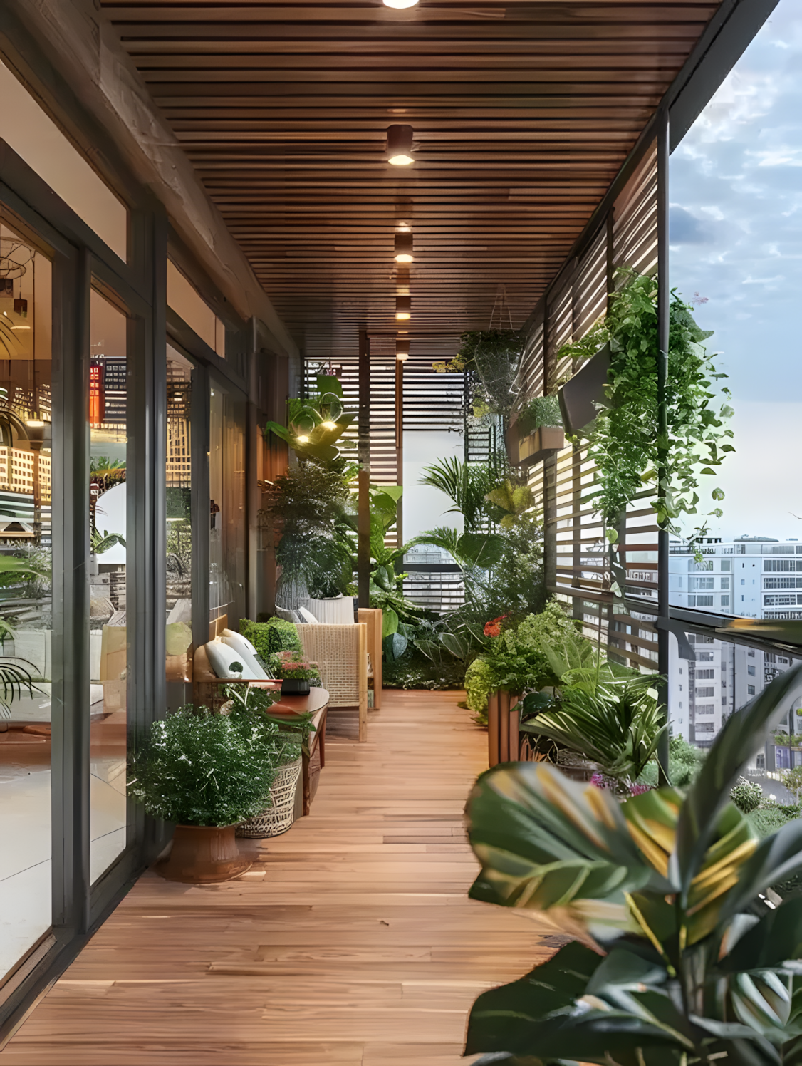 Modern Balcony with Wooden Decking and Greenery | Material Depot