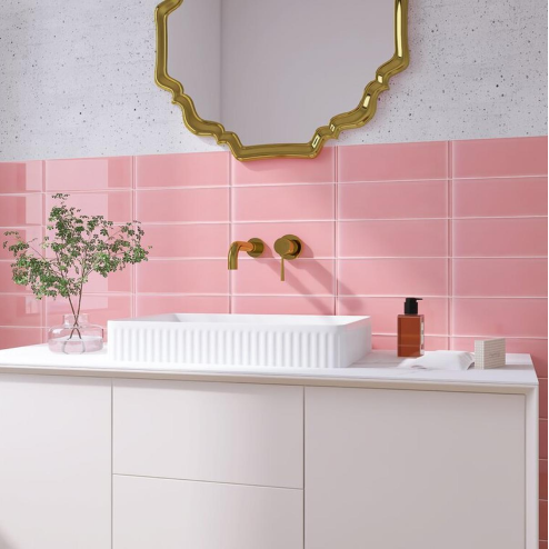 Modern Bathroom with Pink Subway Tiles and Gold Mirror Accents | Material Depot