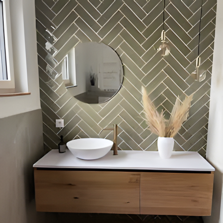 Modern Bathroom Vanity with Herringbone Tiles | Material Depot