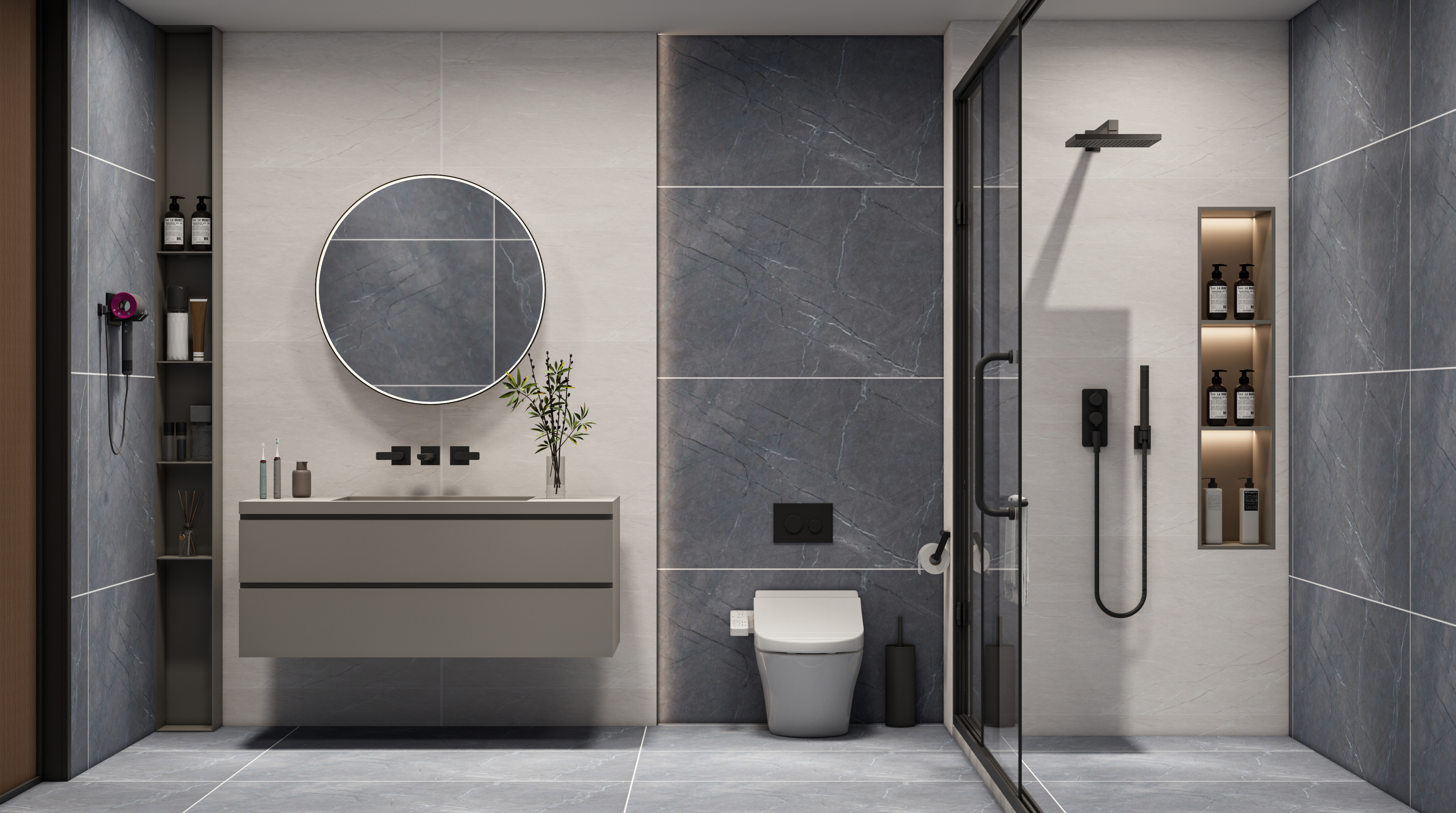 Modern Bathroom with Blue and White Marble Tiles | Material Depot