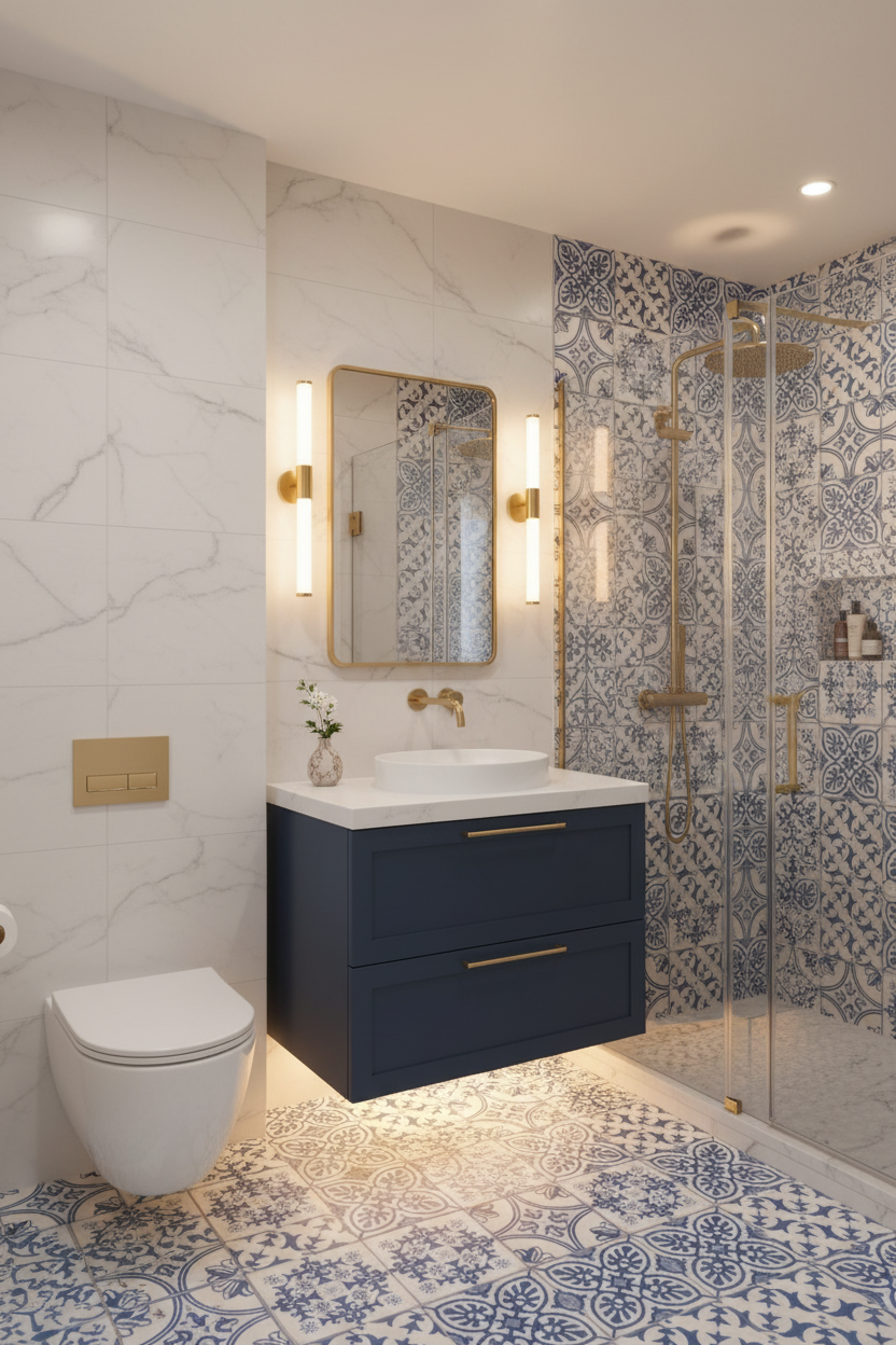 Modern bathroom with blue and white patterned tiles, marble wall tiles ...