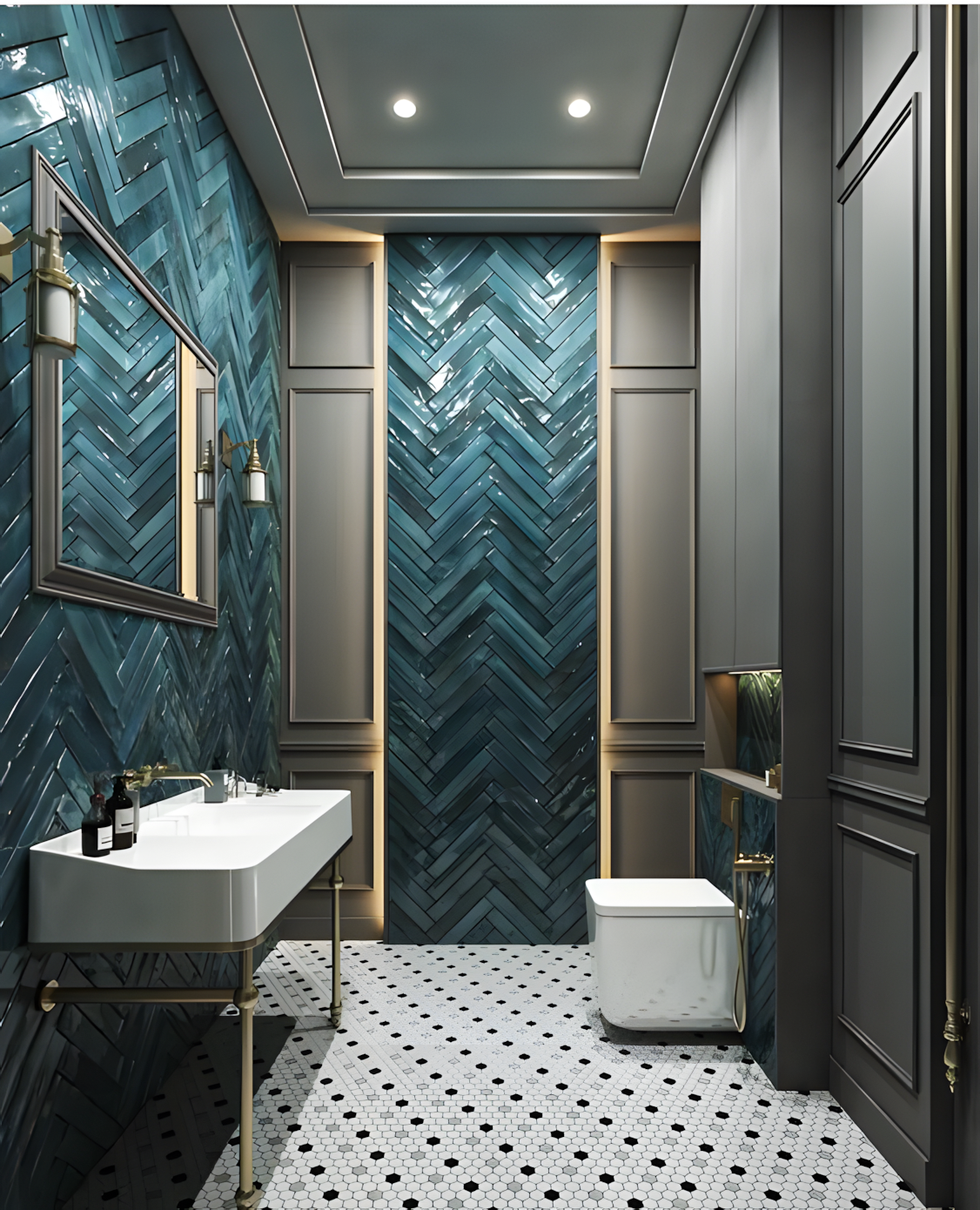 Modern Bathroom with Blue Herringbone Tiles | Material Depot