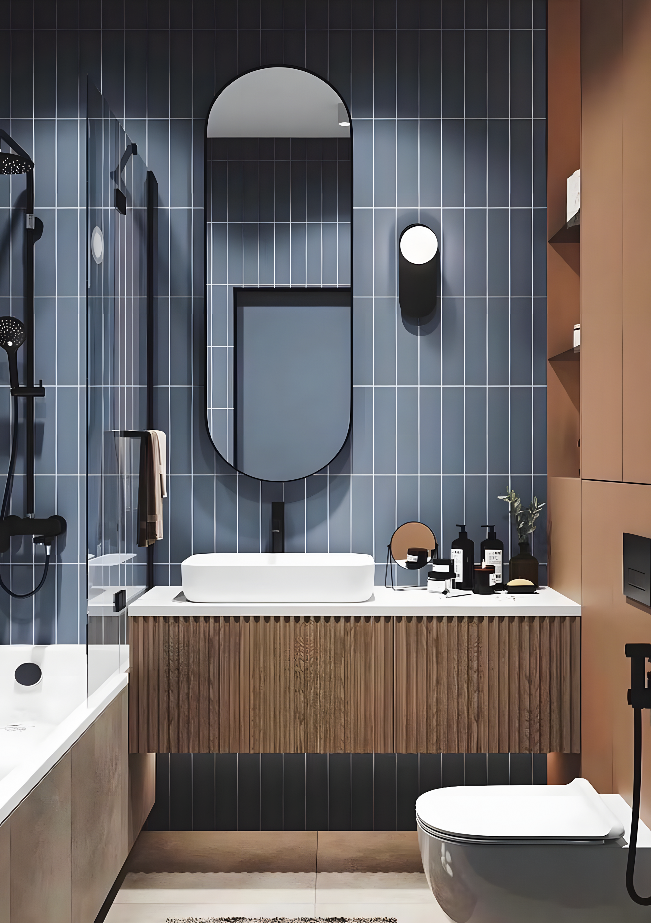 Modern Bathroom with Blue Subway Tiles | Material Depot