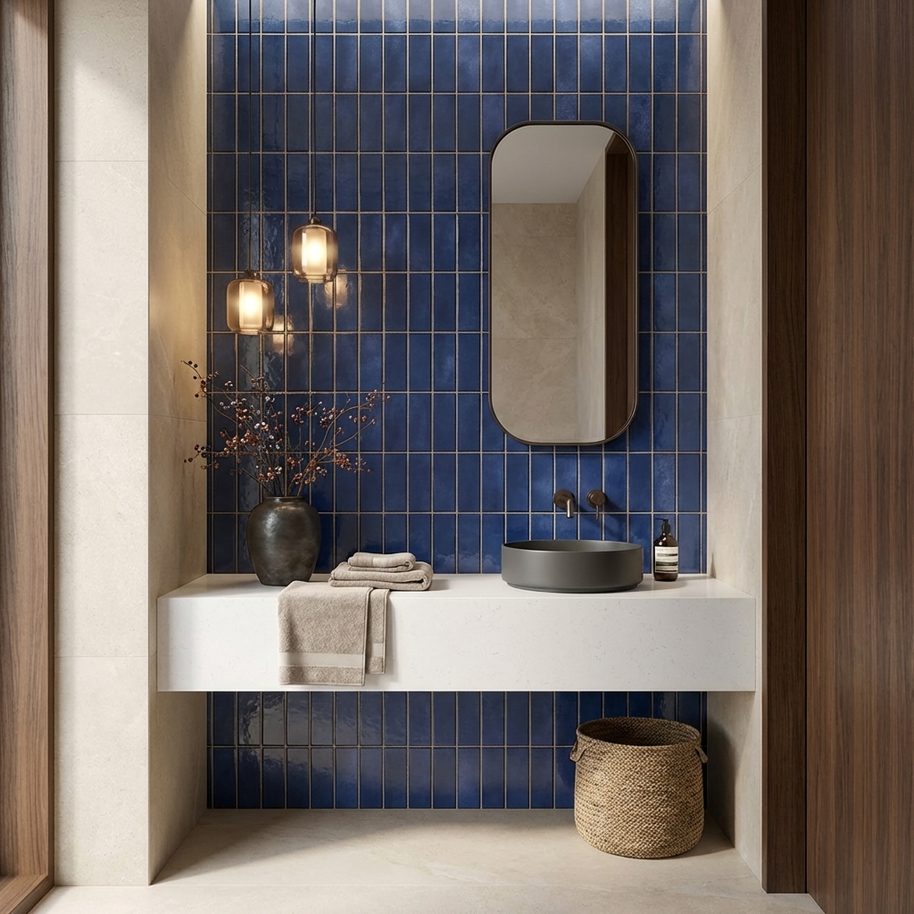 Modern bathroom with blue vertical subway wall tiles and white quartz ...