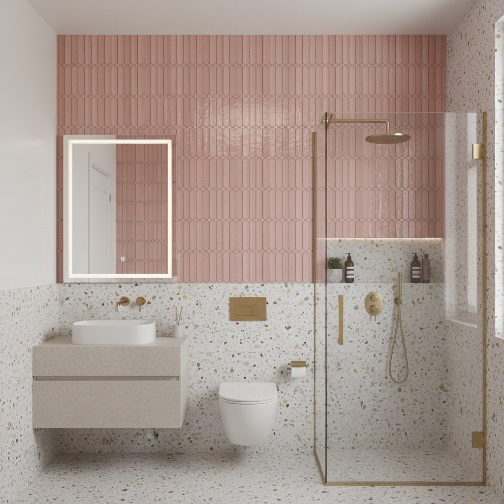 Modern bathroom with blush pink kitkat wall tiles and terrazzo wall and ...