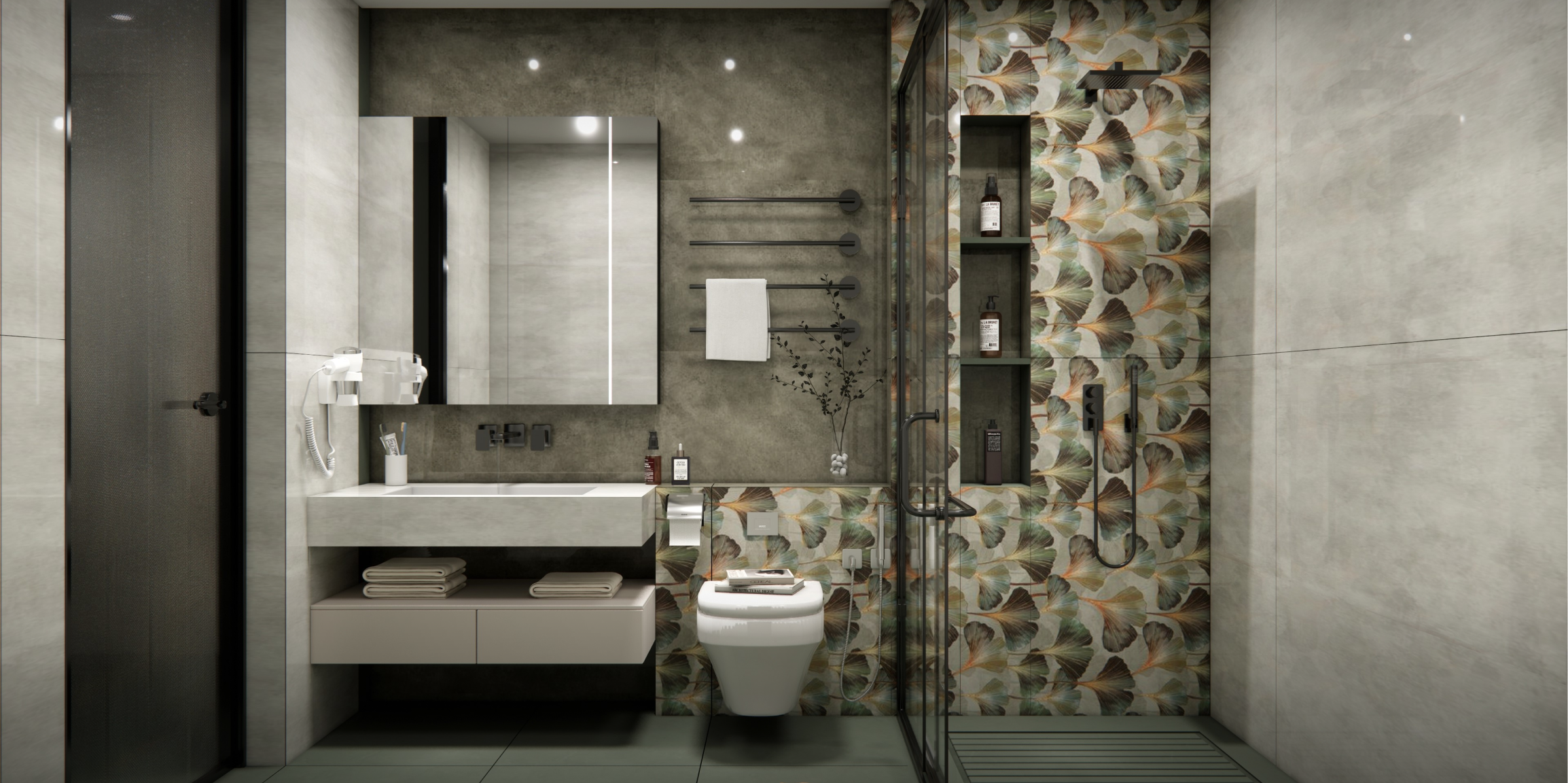 Modern Bathroom with Botanical Accent Wall and Concrete Finishes | Material Depot