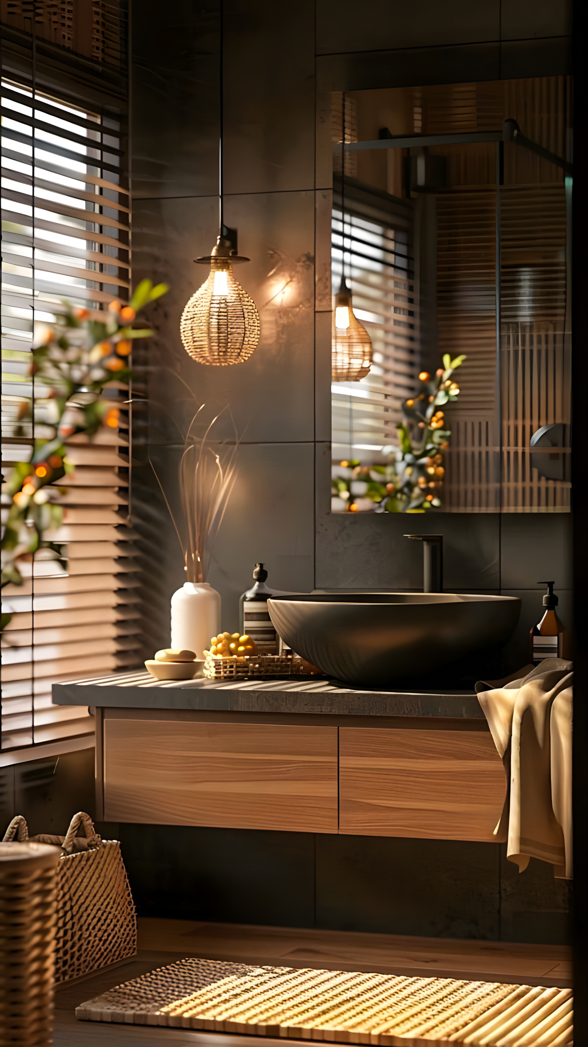 Modern Bathroom with Dark Gray Tiles and Wooden Vanity | Material Depot