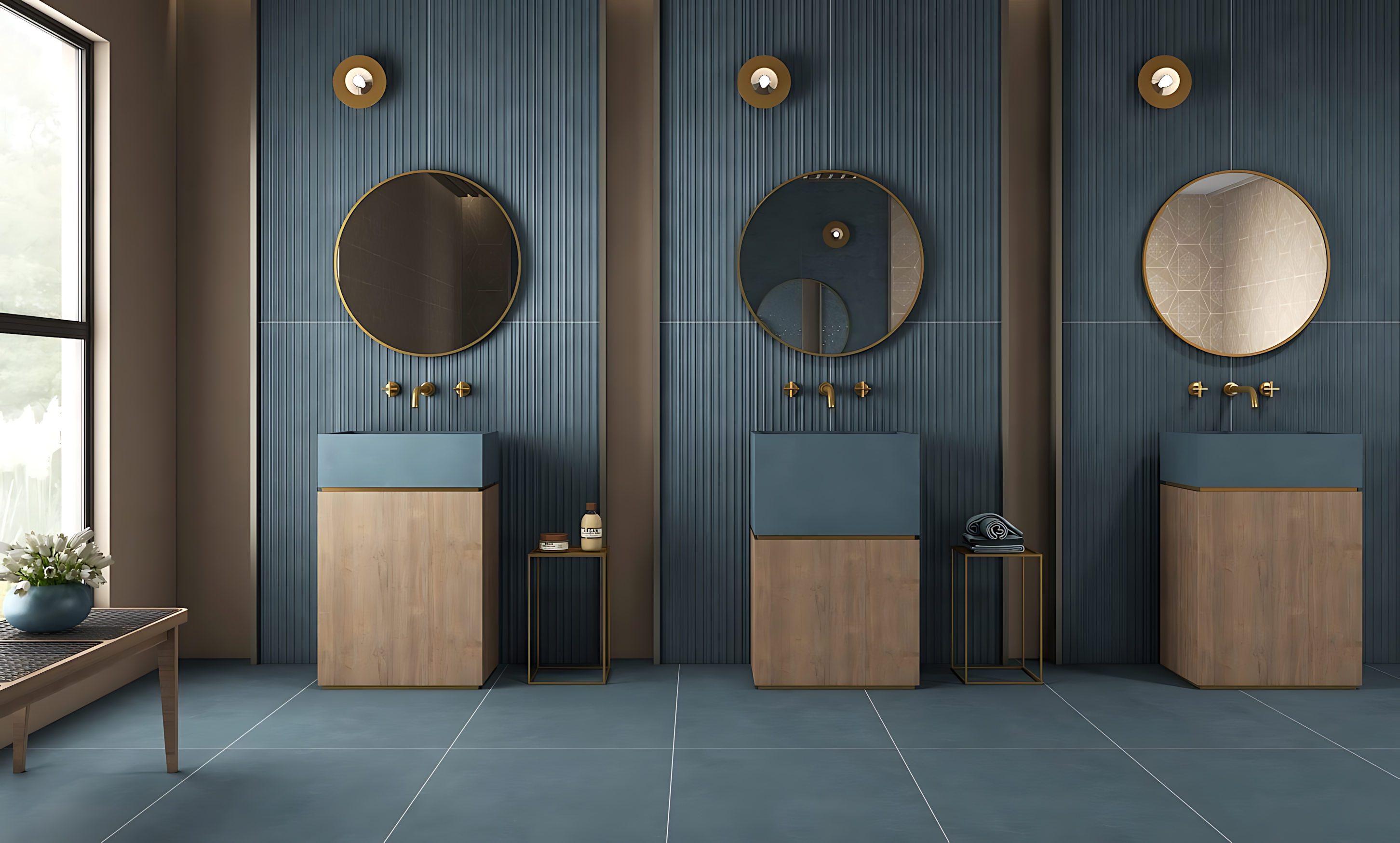 Modern Bathroom with Deep Blue Fluted Wall Tiles and Matte Blue Flooring – Elegant & Stylish Design | Material Depot