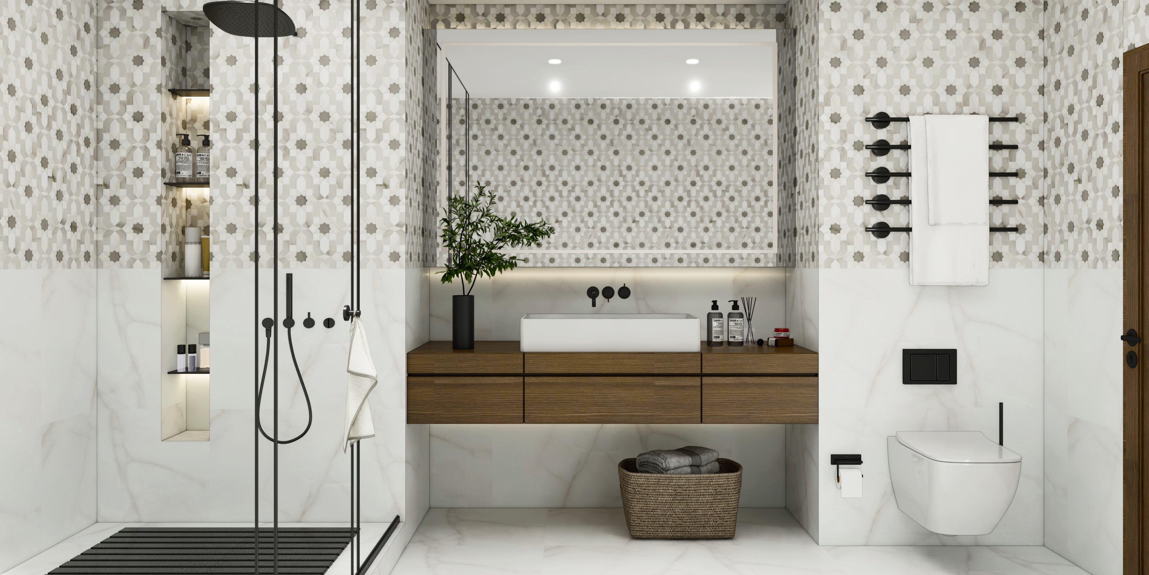 Modern Bathroom with Floral Patterned Tiles and Wooden Vanity | Material Depot