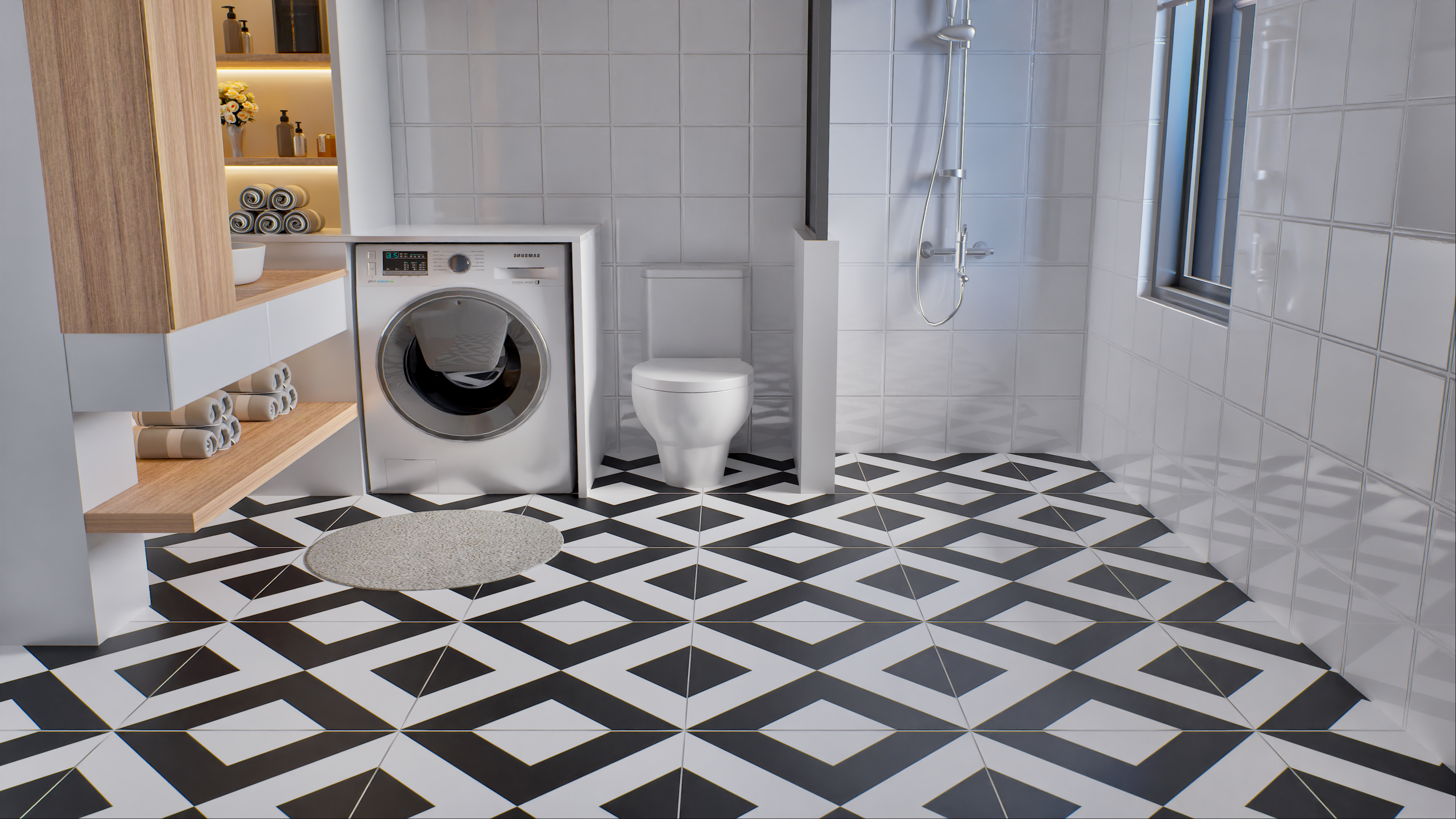 Black and White Geometric Moroccan floor tile used in the Bathroom