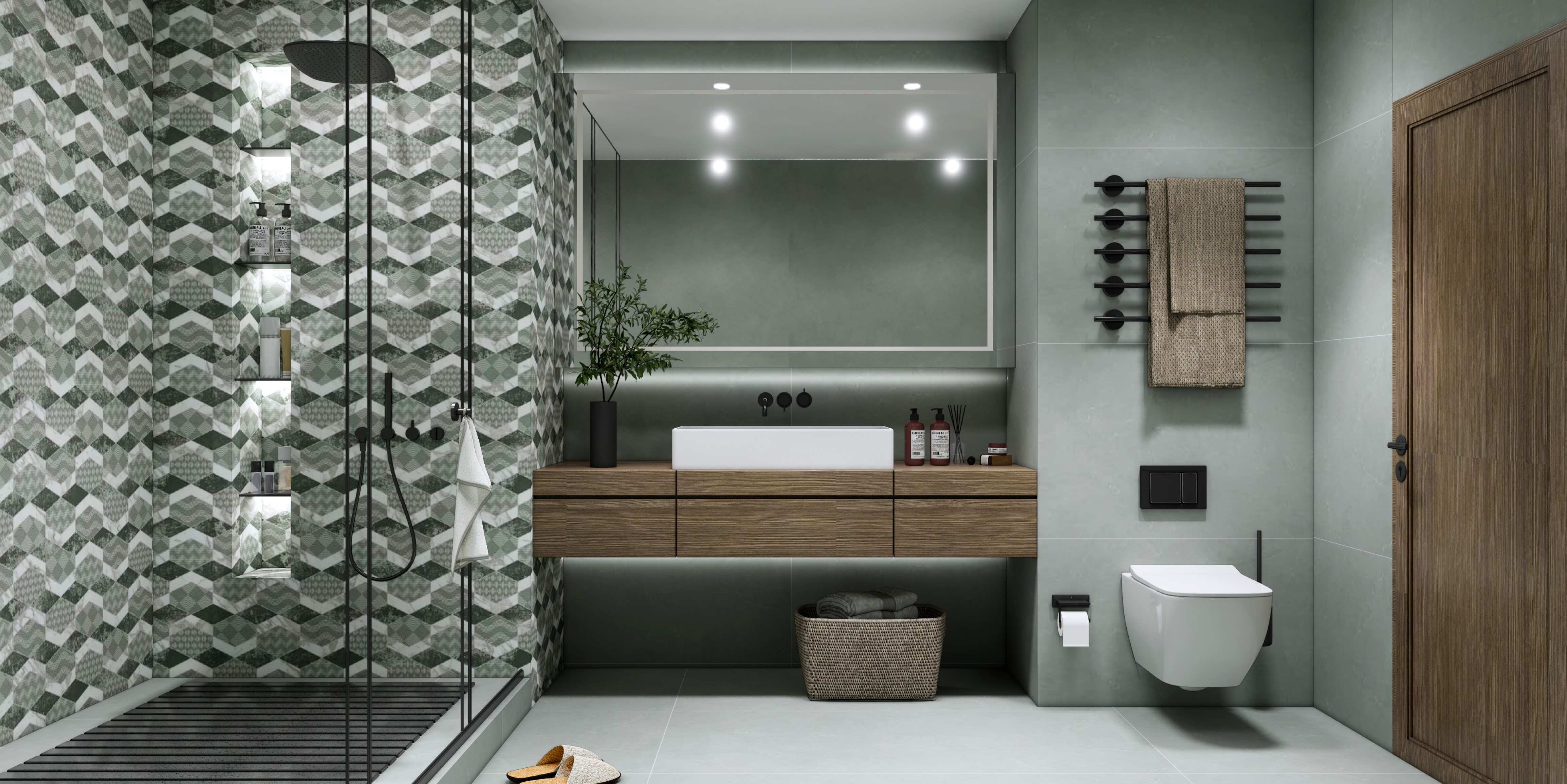 Modern Bathroom with Geometric Mosaic Tiles and Wooden Vanity | Material Depot