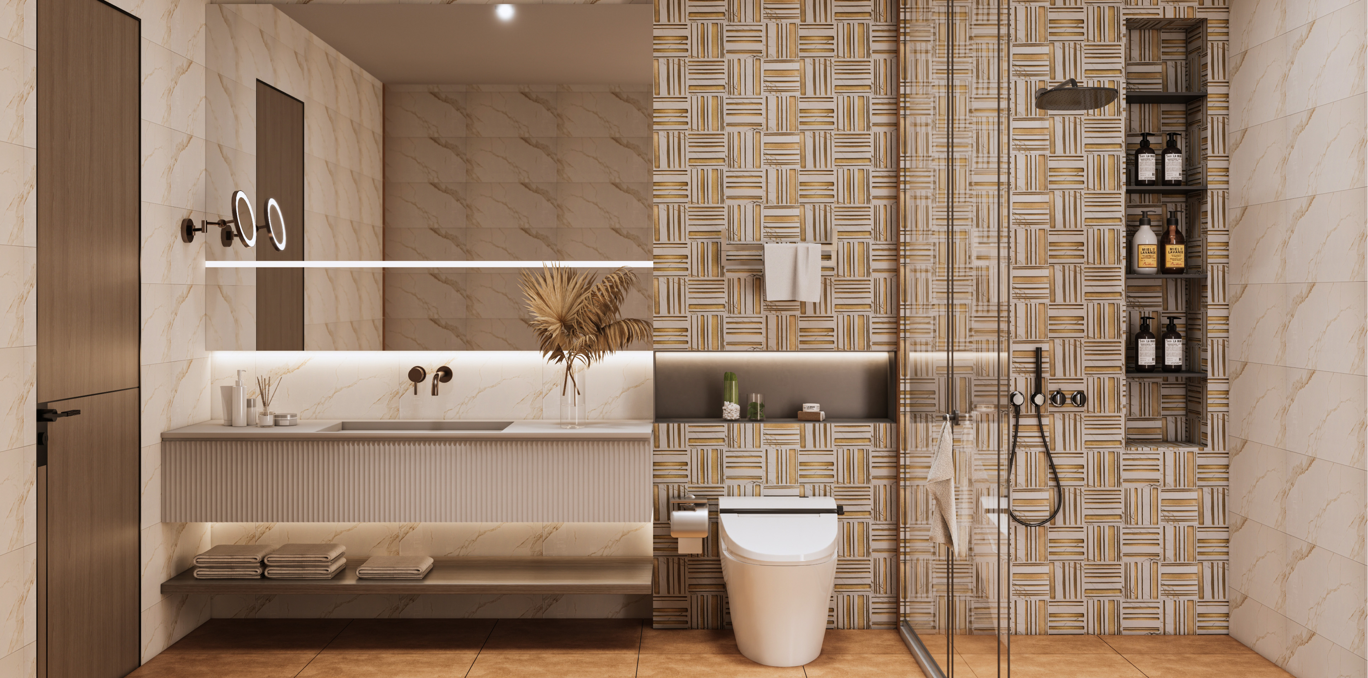 Modern Bathroom with Geometric Patterned Tiles and Warm Tones | Material Depot