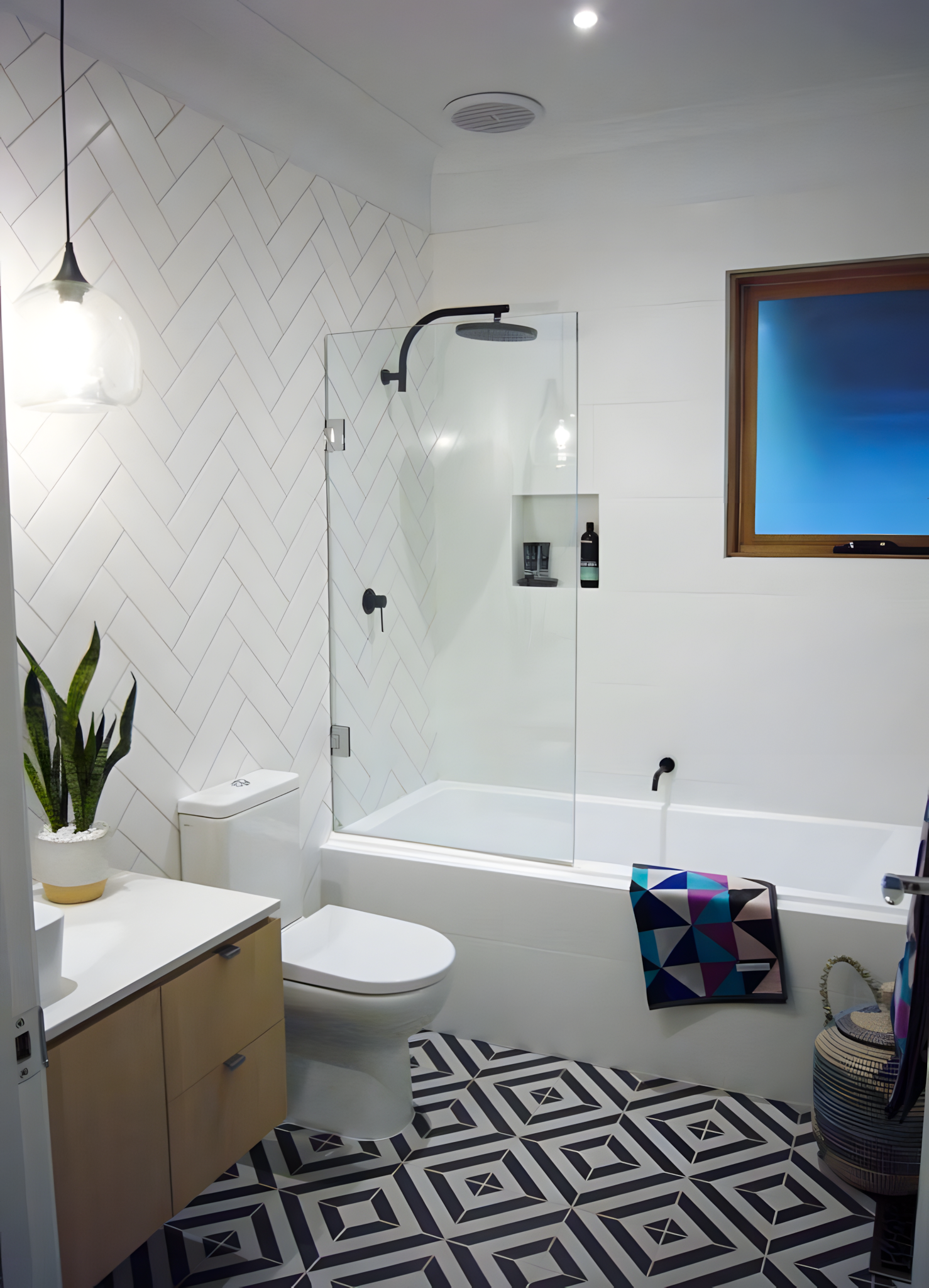 Modern Bathroom with Geometric Tiles and Wooden Vanity | Material Depot