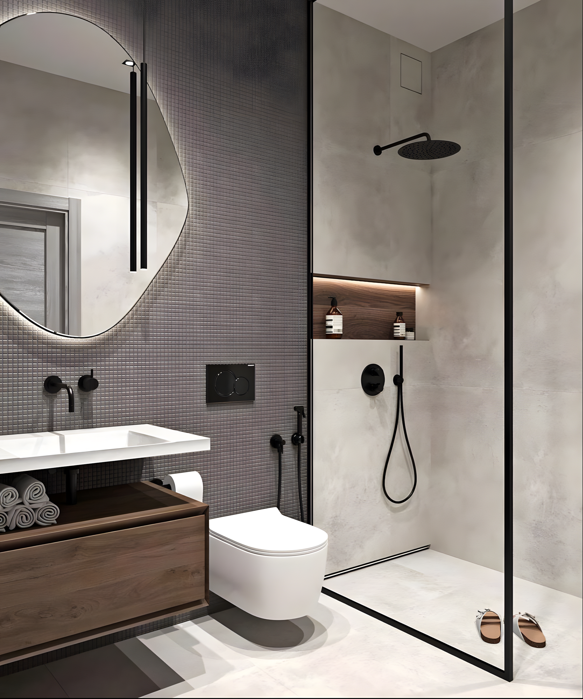 Modern Bathroom with Gray Tiles and Black Accents | Material Depot