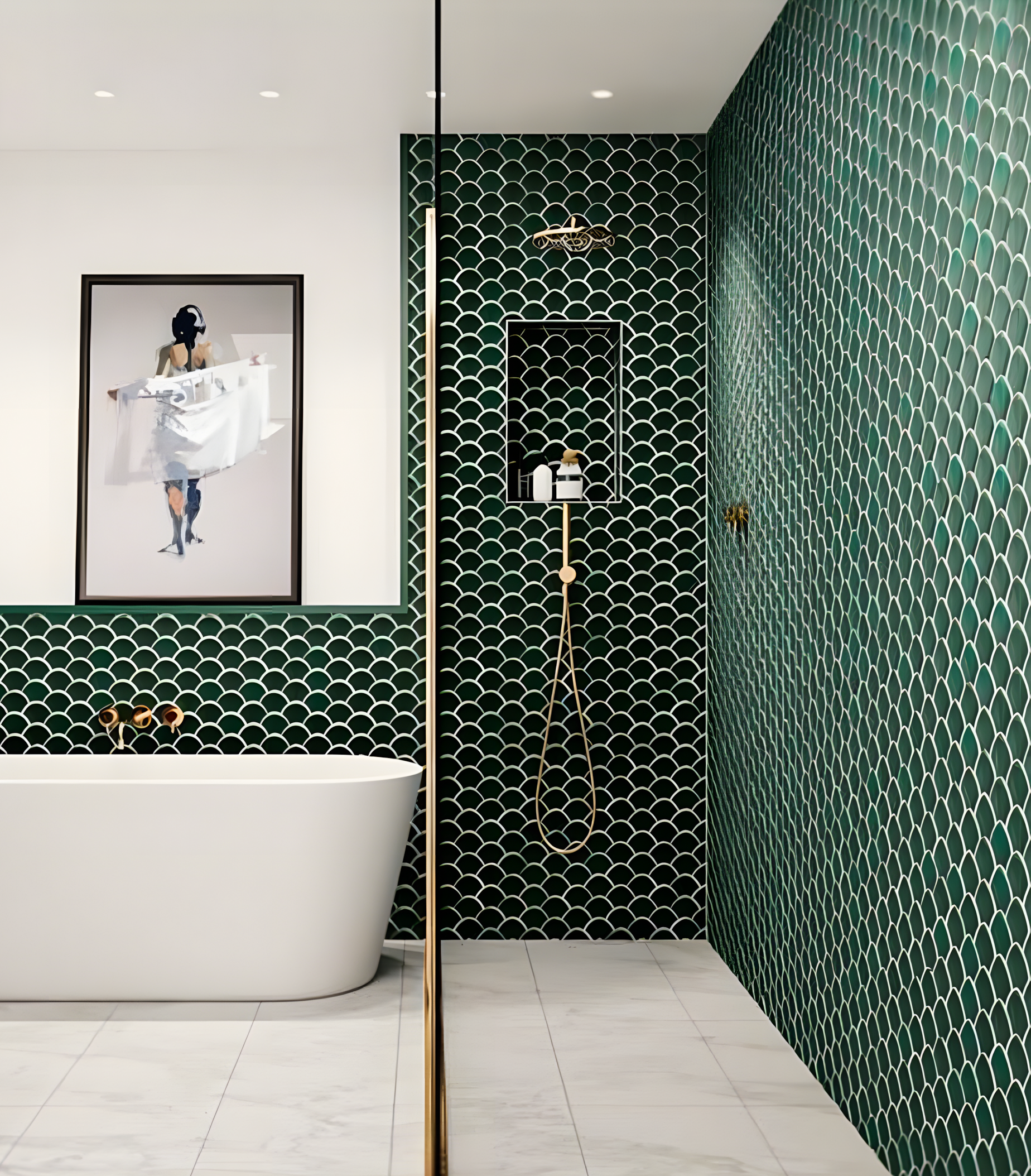 Modern Bathroom with Green Fish Scale Tiles | Material Depot