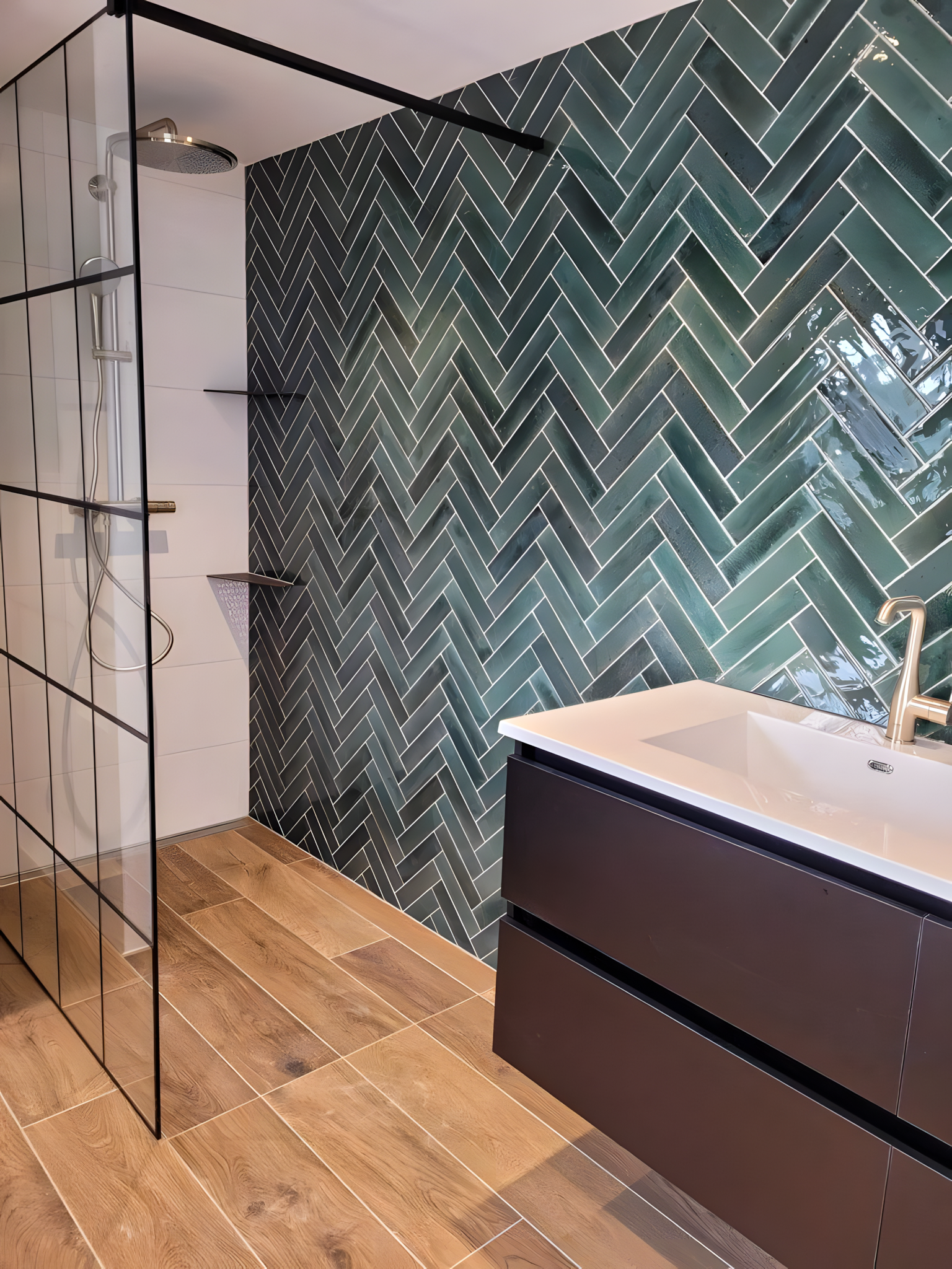 Modern Bathroom with Green Herringbone Tiles and Dark Brown Cabinetry | Material Depot