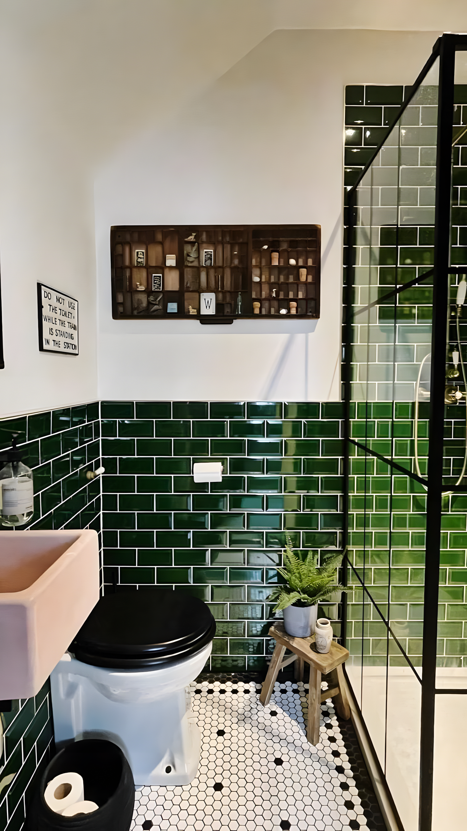 Modern Bathroom with Green Subway Tiles and Black and White Floor Tiles | Material Depot