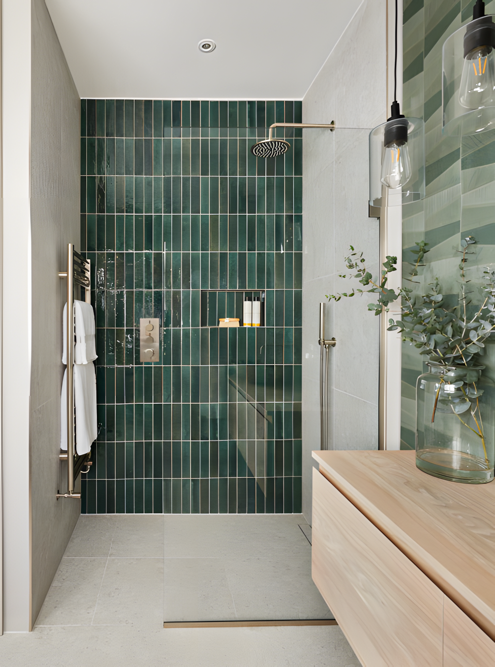 Modern Bathroom with Green Subway Tiles and Natural Elements | Material Depot