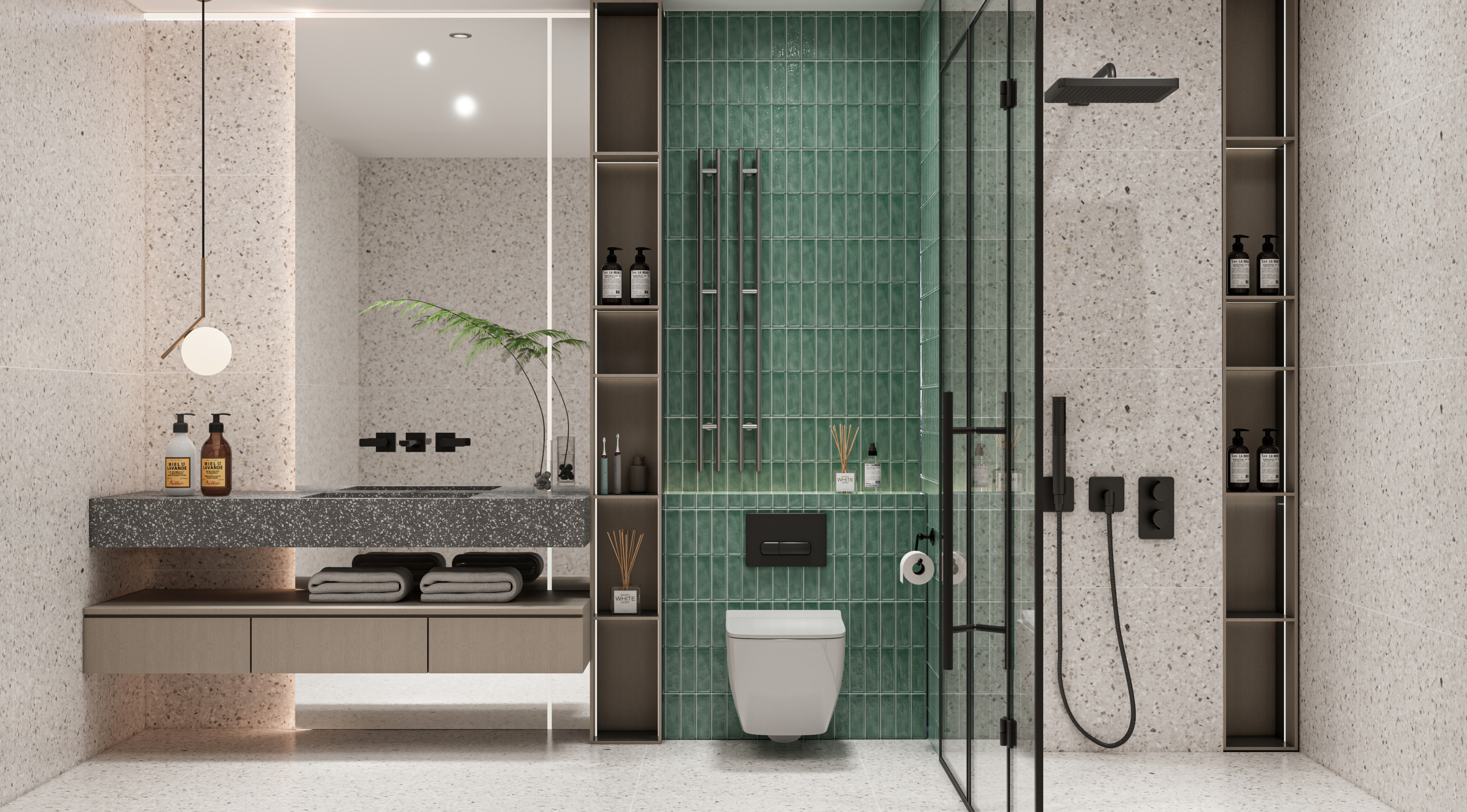 Modern Bathroom with Green Subway Tiles and Terrazzo Walls | Material Depot