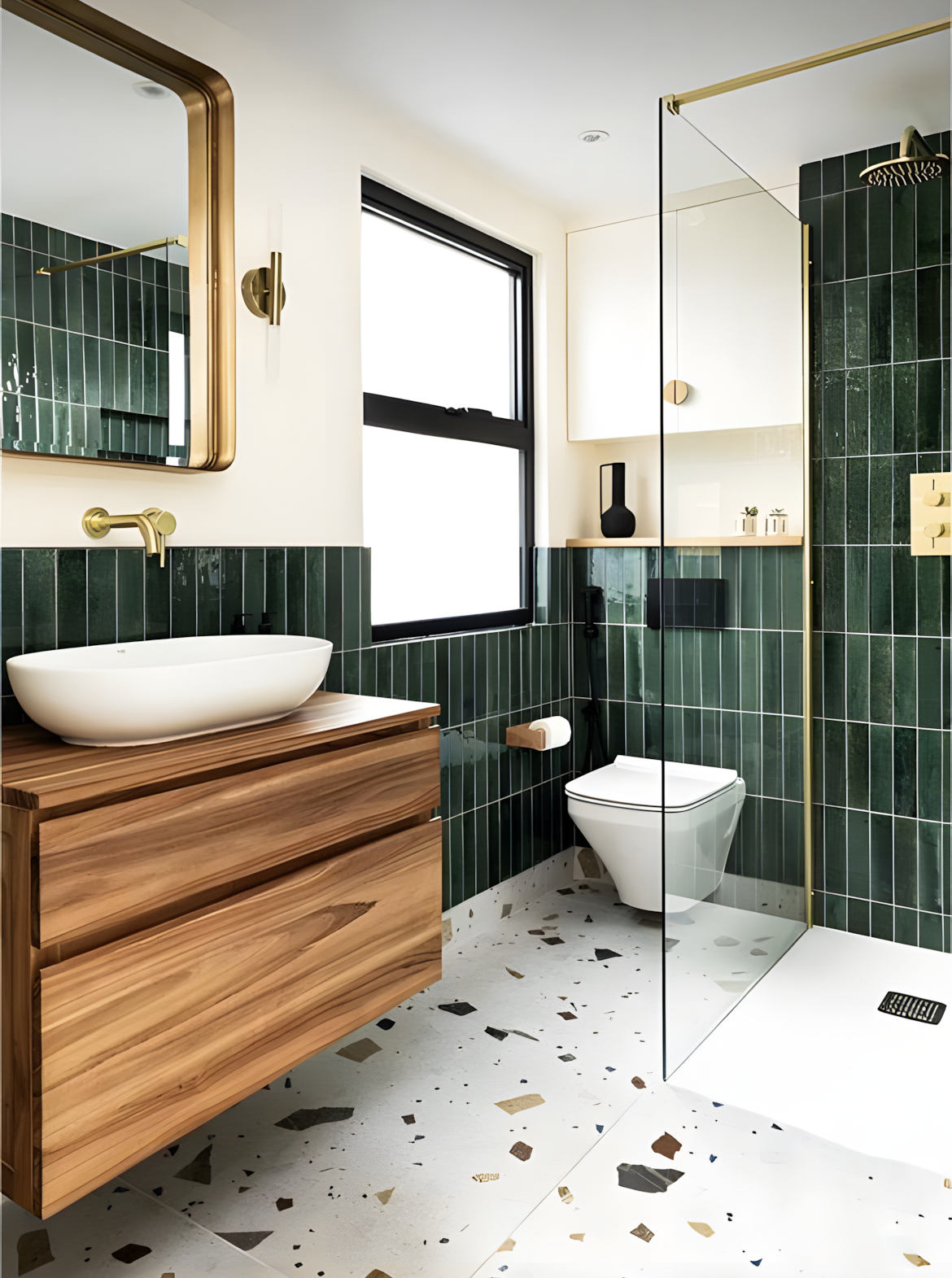 Modern Bathroom with Green Tiles and Terrazzo Flooring | Material Depot