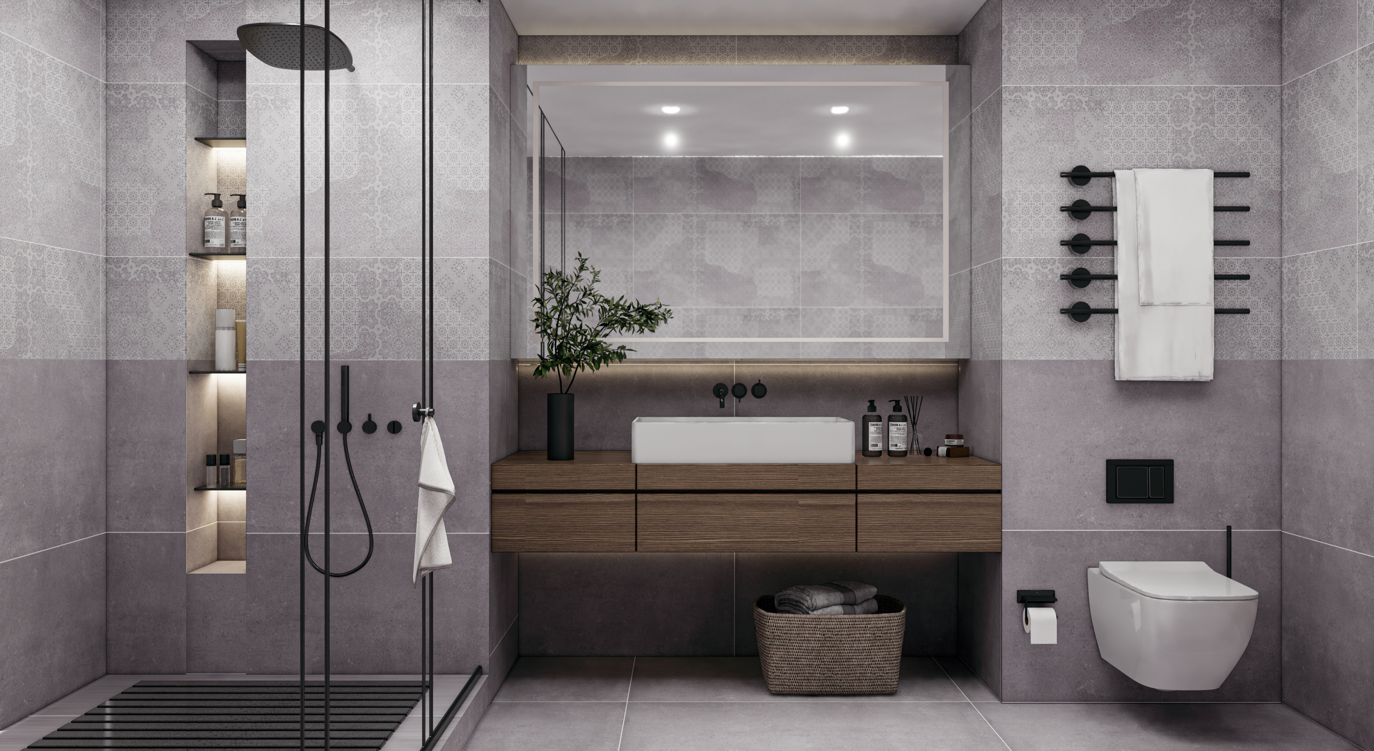 Modern Bathroom with Patterned Grey Tiles and Wooden Vanity | Material Depot