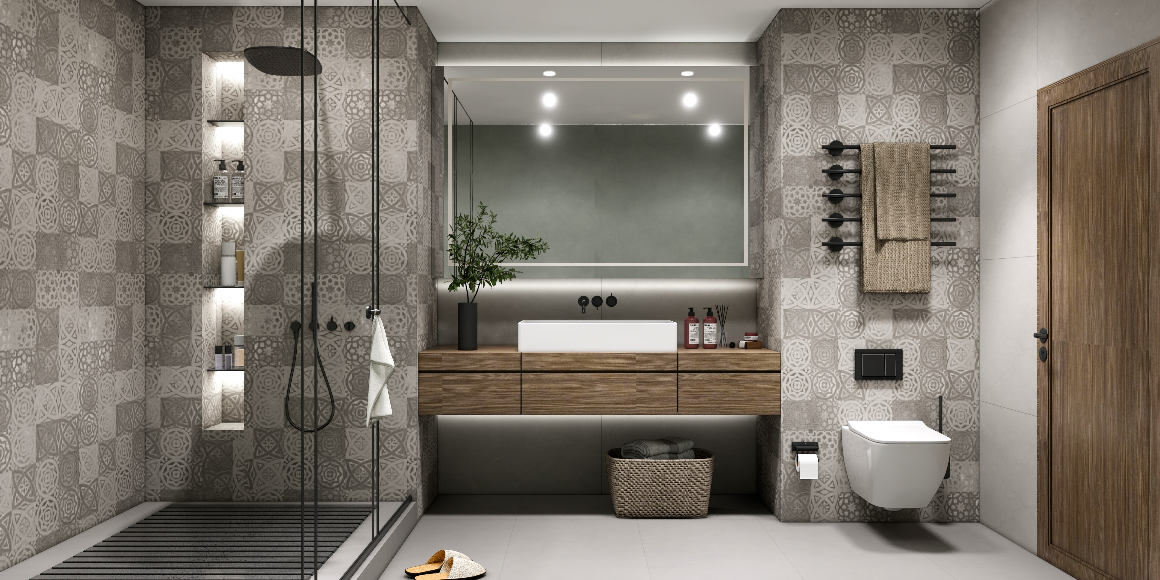 Modern Bathroom with Patterned Wall Tiles and Wooden Vanity | Material Depot