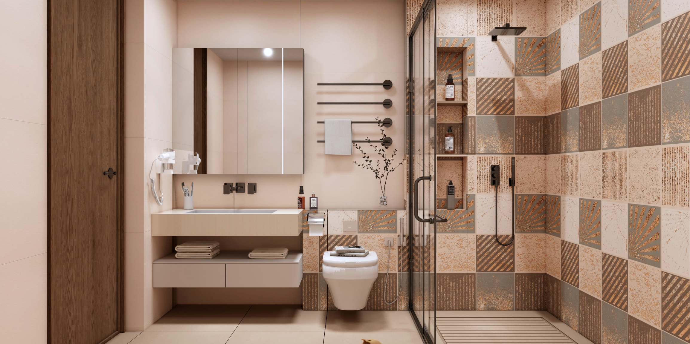 Modern Bathroom with Textured Accent Tiles and Neutral Palette | Material Depot