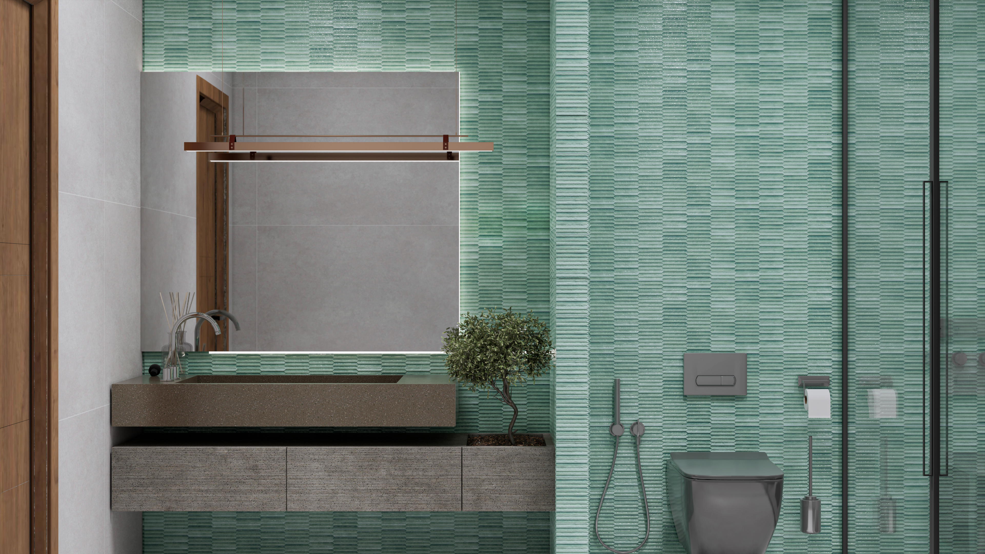 Modern Bathroom with Textured Green Wall Tiles and Floating Vanity | Material Depot