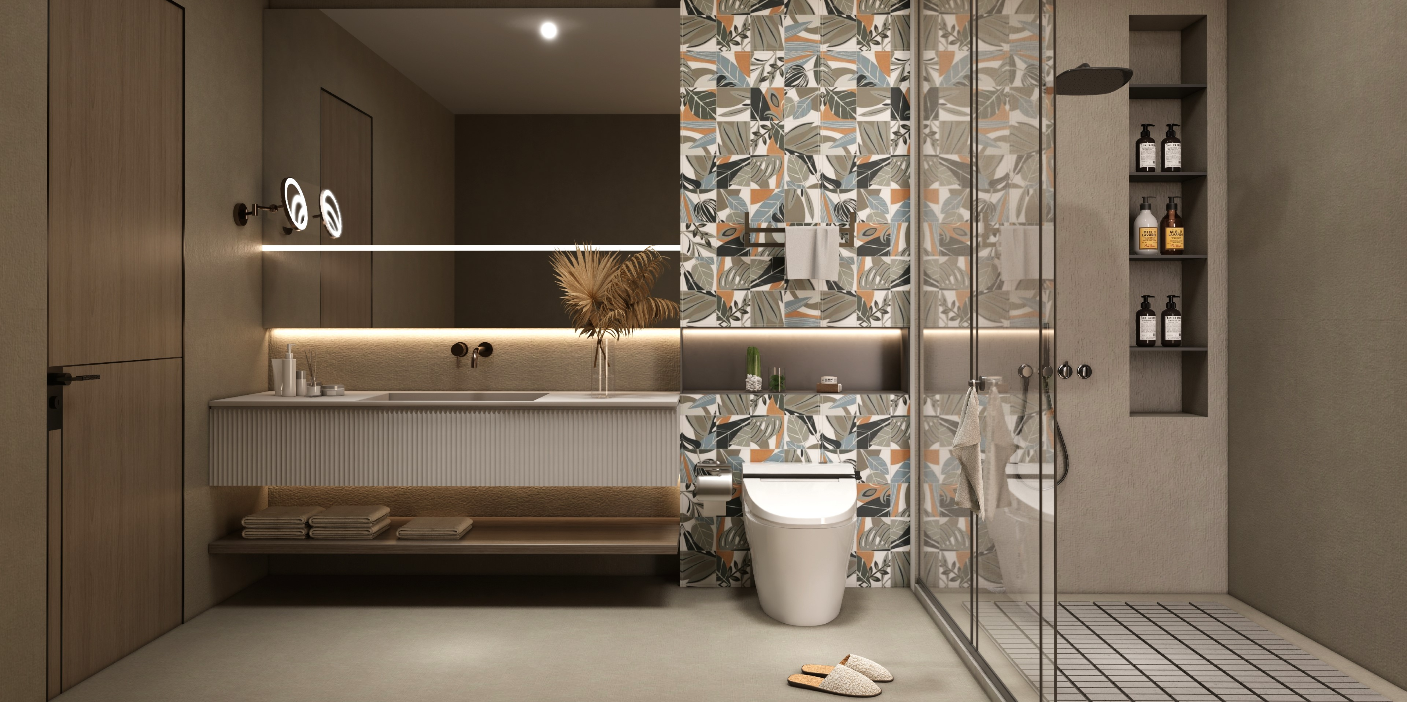 Modern Bathroom with Tropical Patterned Tiles and Minimalist Design | Material Depot