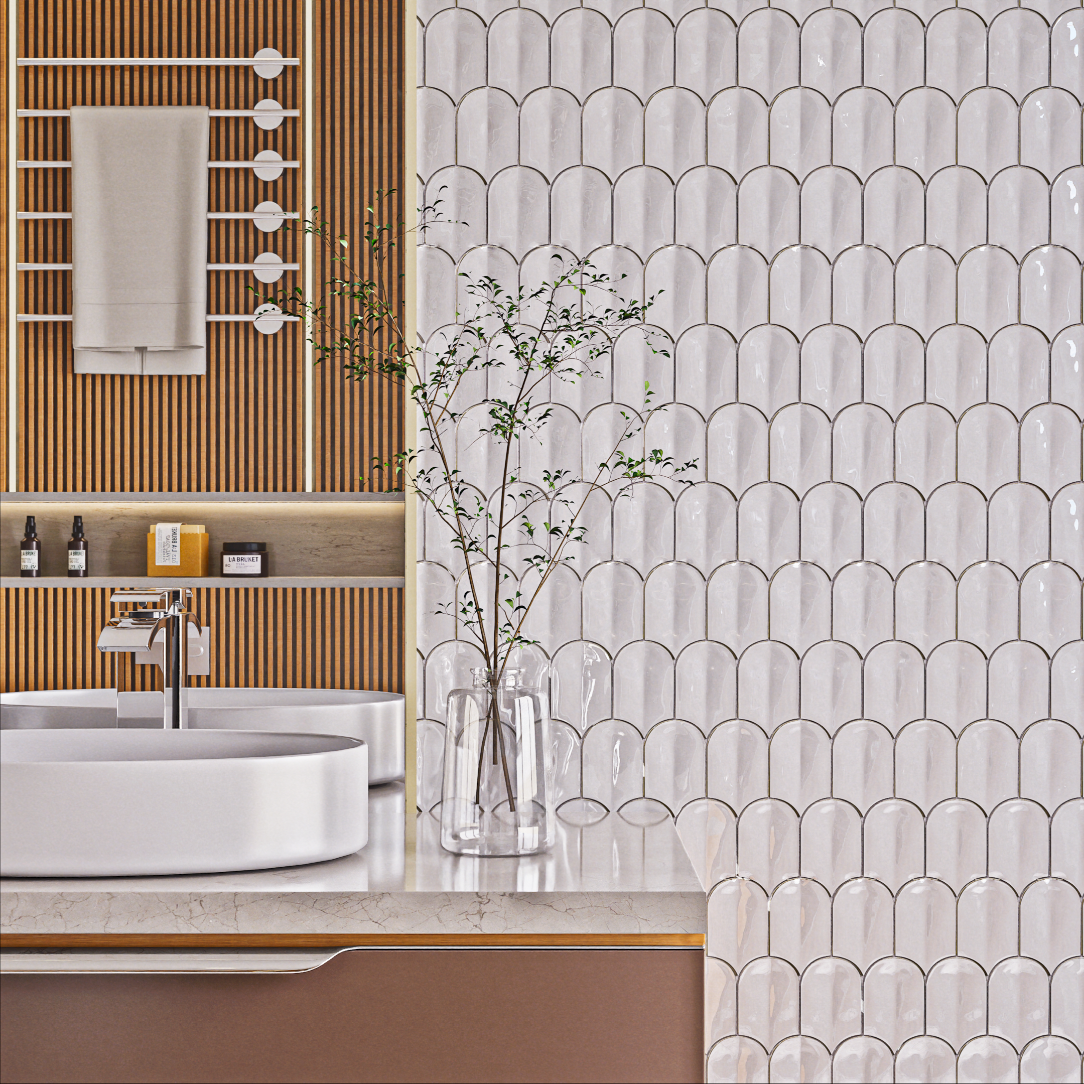 Modern Bathroom with White Fish Scale Tiles and Wooden Elements | Material Depot