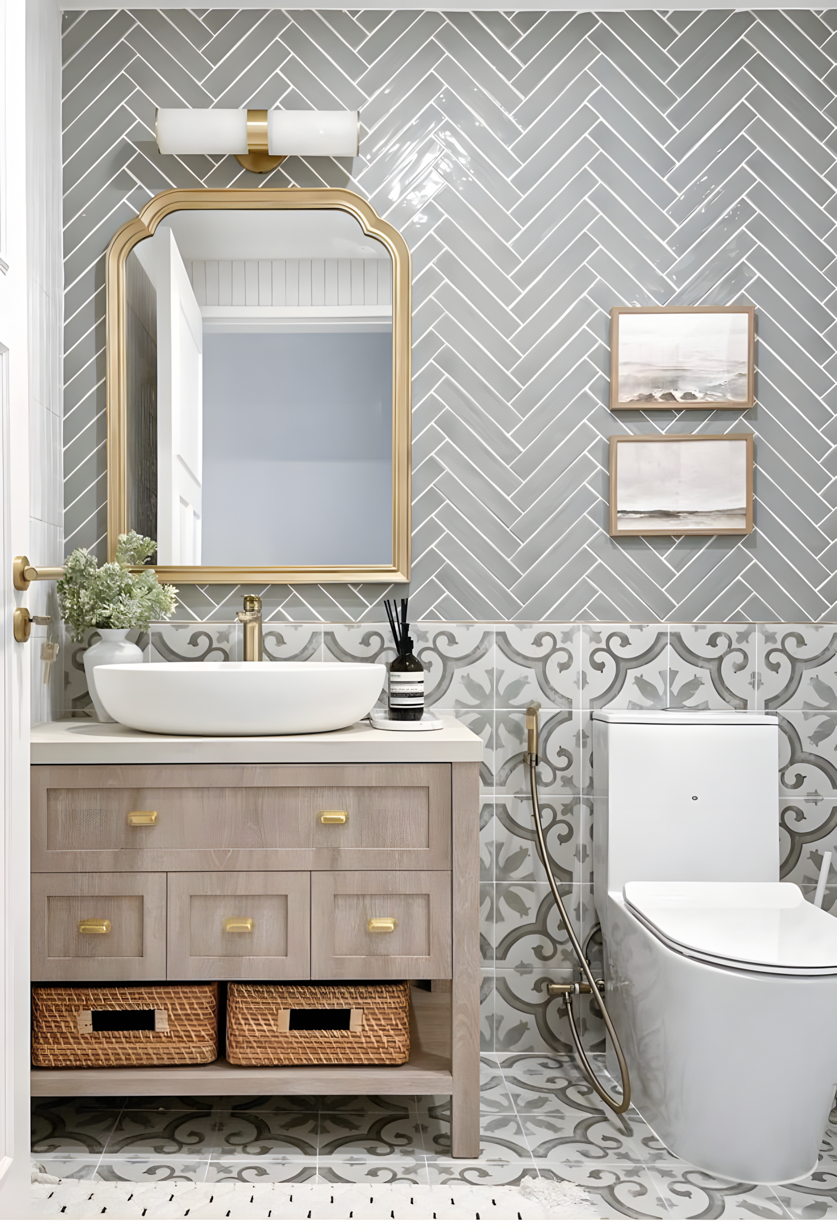 Elegant Herringbone Wall Tiles with Decorative Patterned Floor Tiles | Material Depot