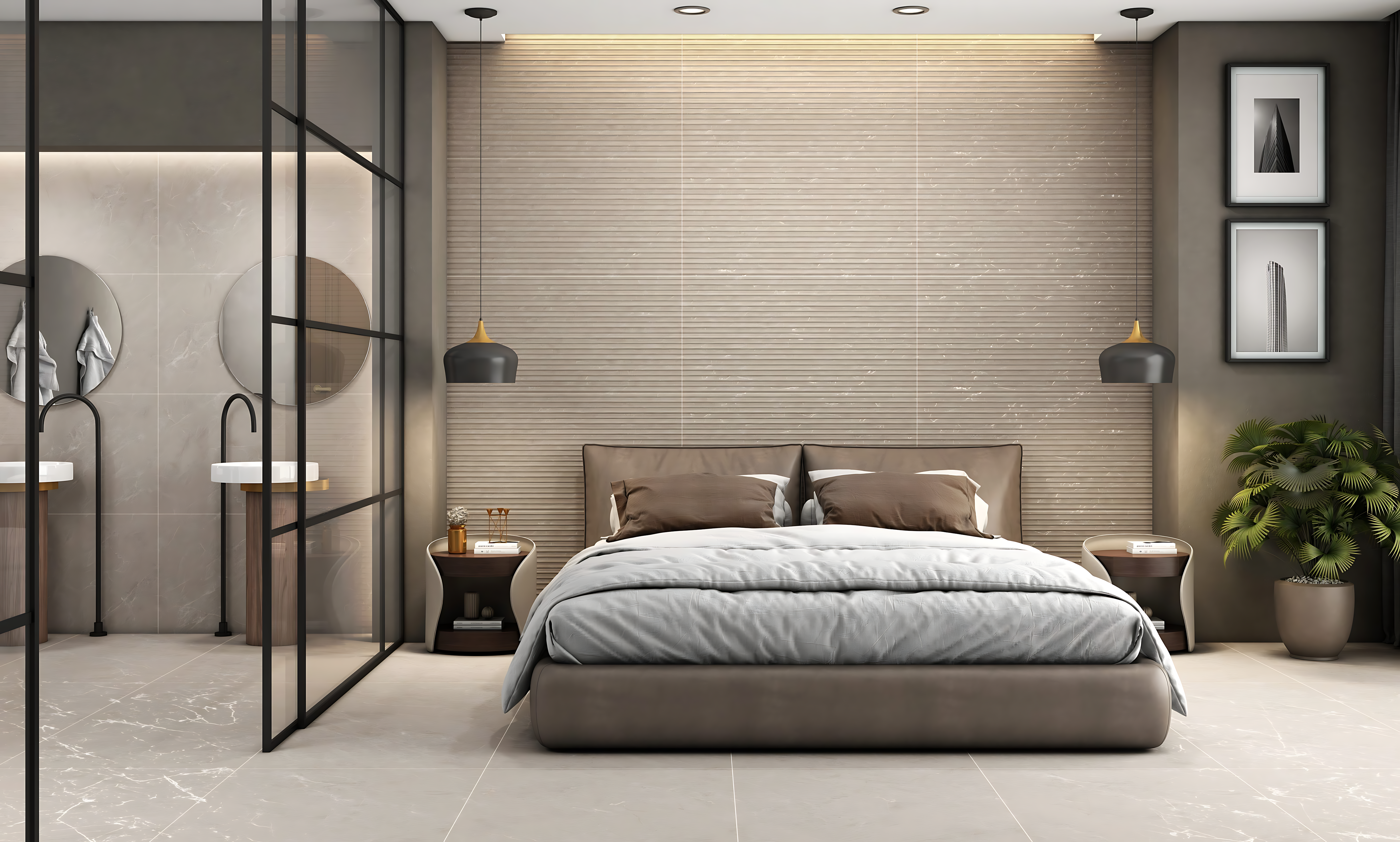 Modern Bedroom with Beige Fluted Marble Wall and Soft Neutrals – Elegant & Serene Interior Design | Material Depot