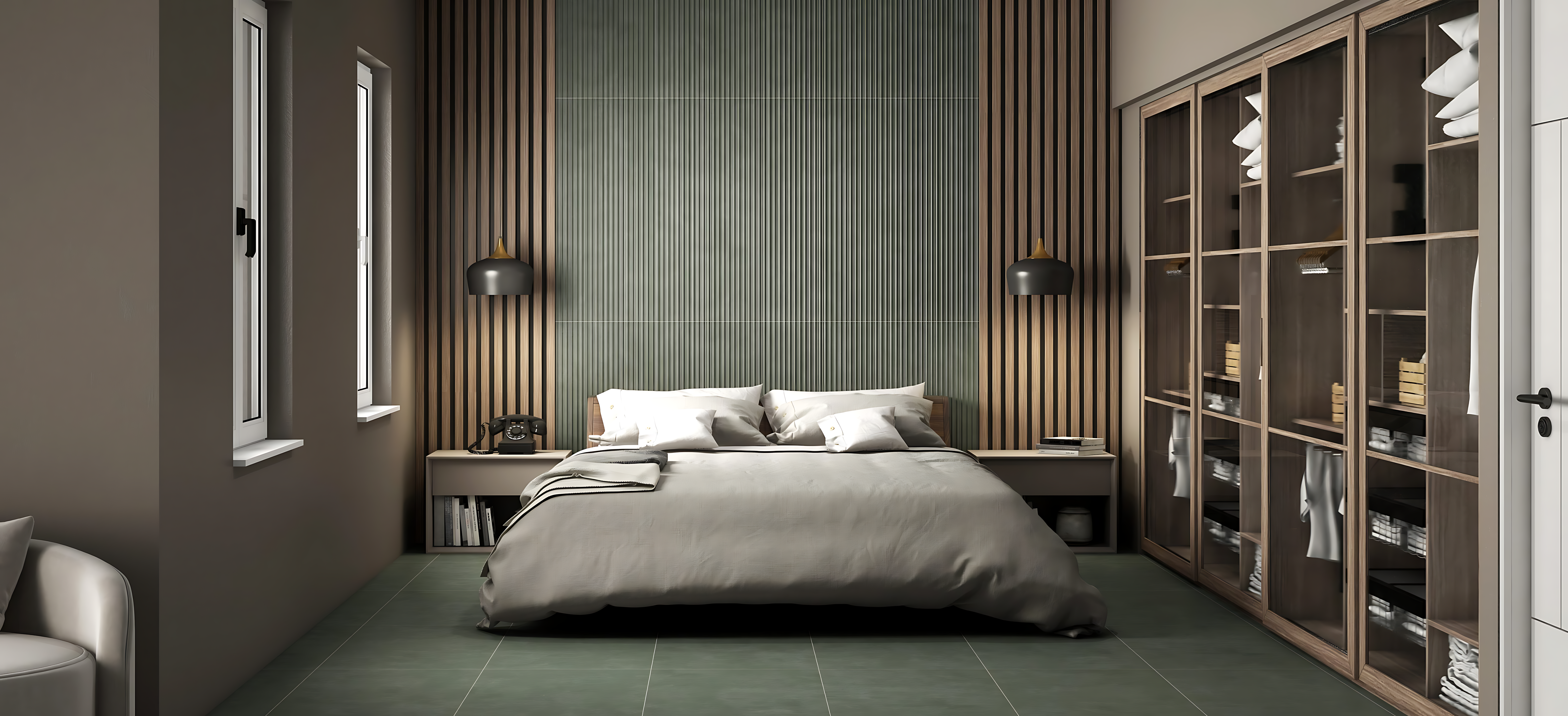 Modern Bedroom with Green Fluted Accent Wall and Matching Floor Tiles – Sleek & Earthy Interior Design | Material Depot