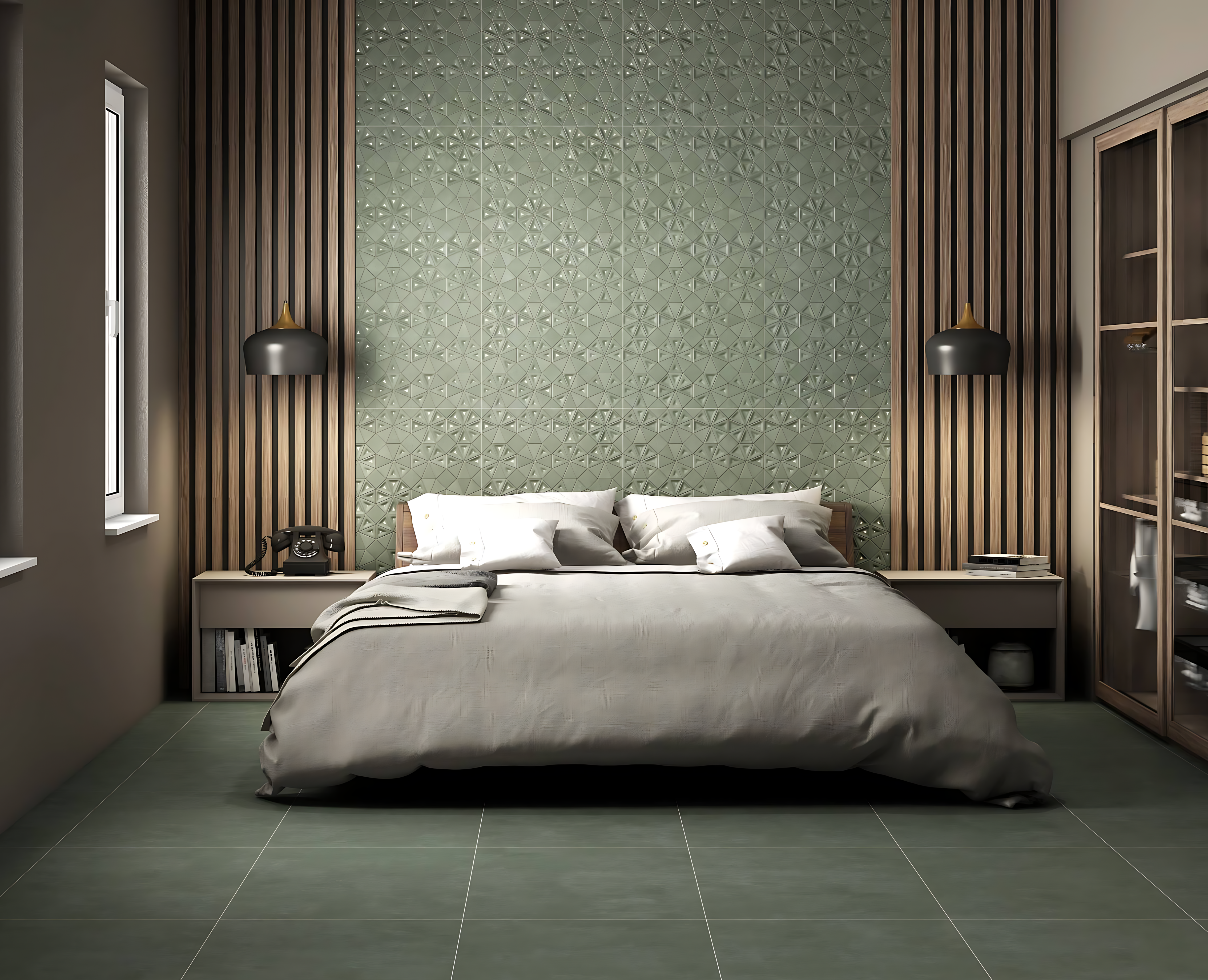 Modern Bedroom with Green Textured Accent Wall and Matching Floor Tiles – Stylish & Earthy Interior Design | Material Depot