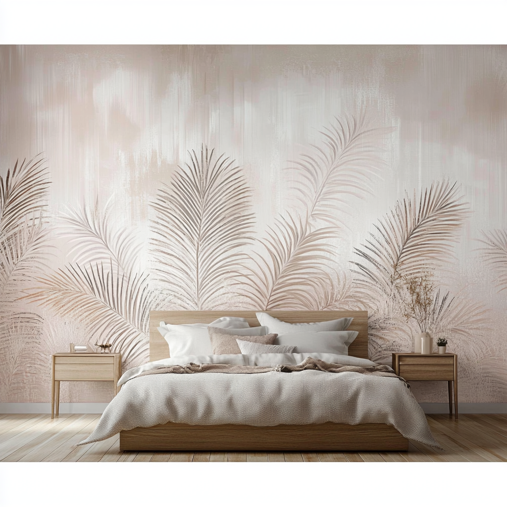 Modern Bedroom with Soft Tropical Leaf Mural | Material Depot