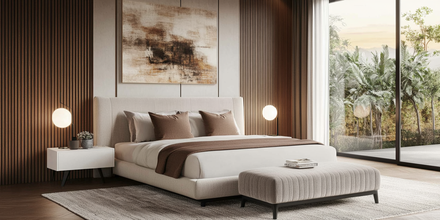 Modern Bedroom with Warm Earth Tones and Fluted Panel Accent Wall | Material Depot