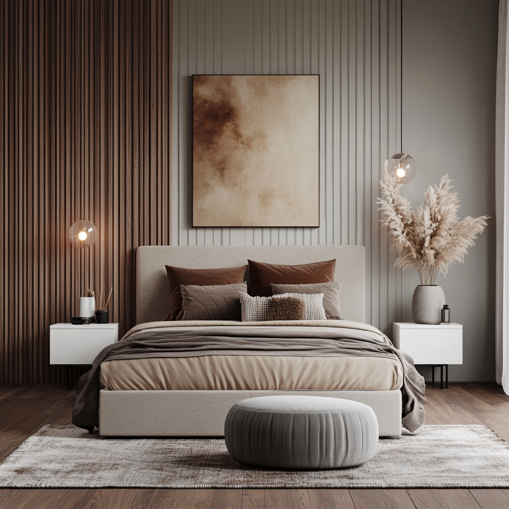 Modern Bedroom with Warm Tones and Fluted Accent Wall | Material Depot