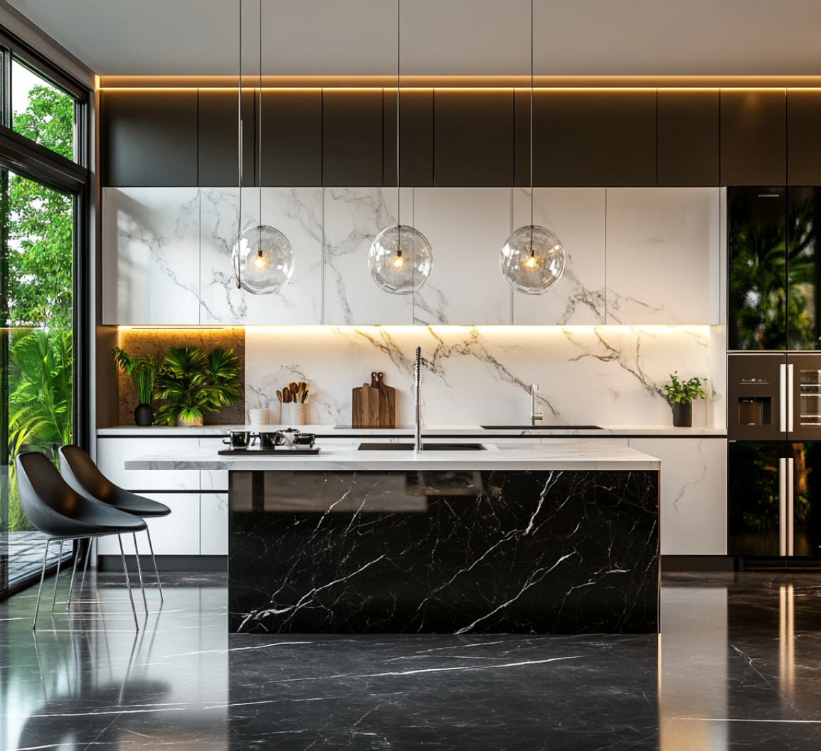 Modern Black and White Kitchen with Marble Finishes and Pendant Lights | Material Depot