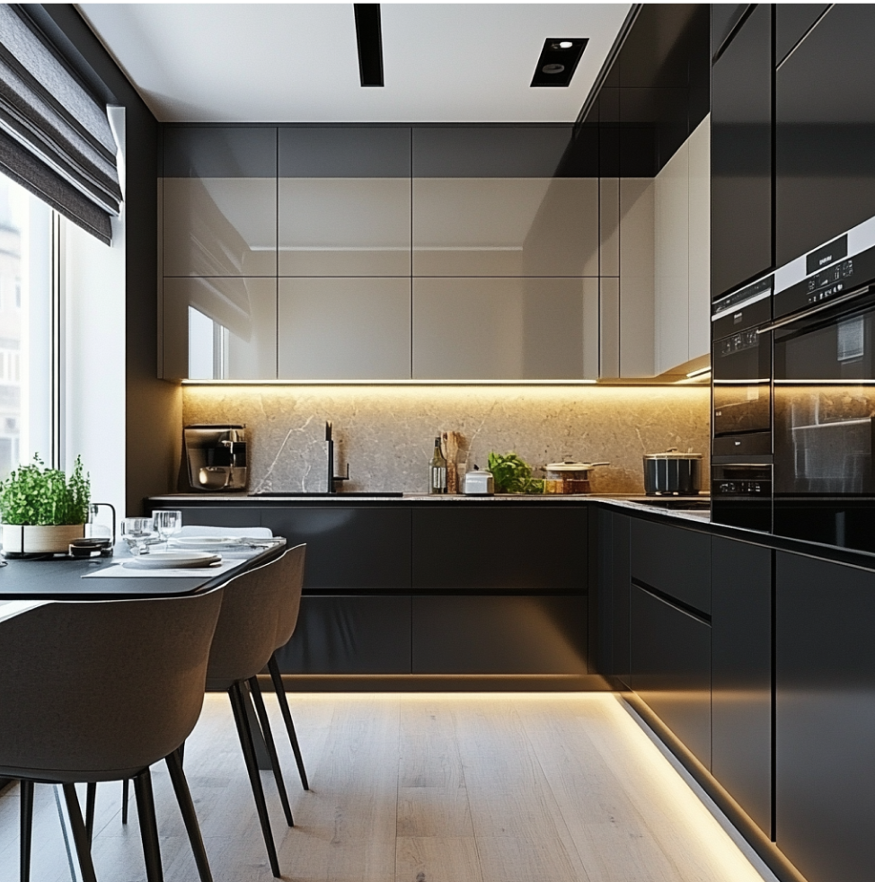 Modern Black and Beige Solid Laminate Kitchen with Sleek Design | Material Depot