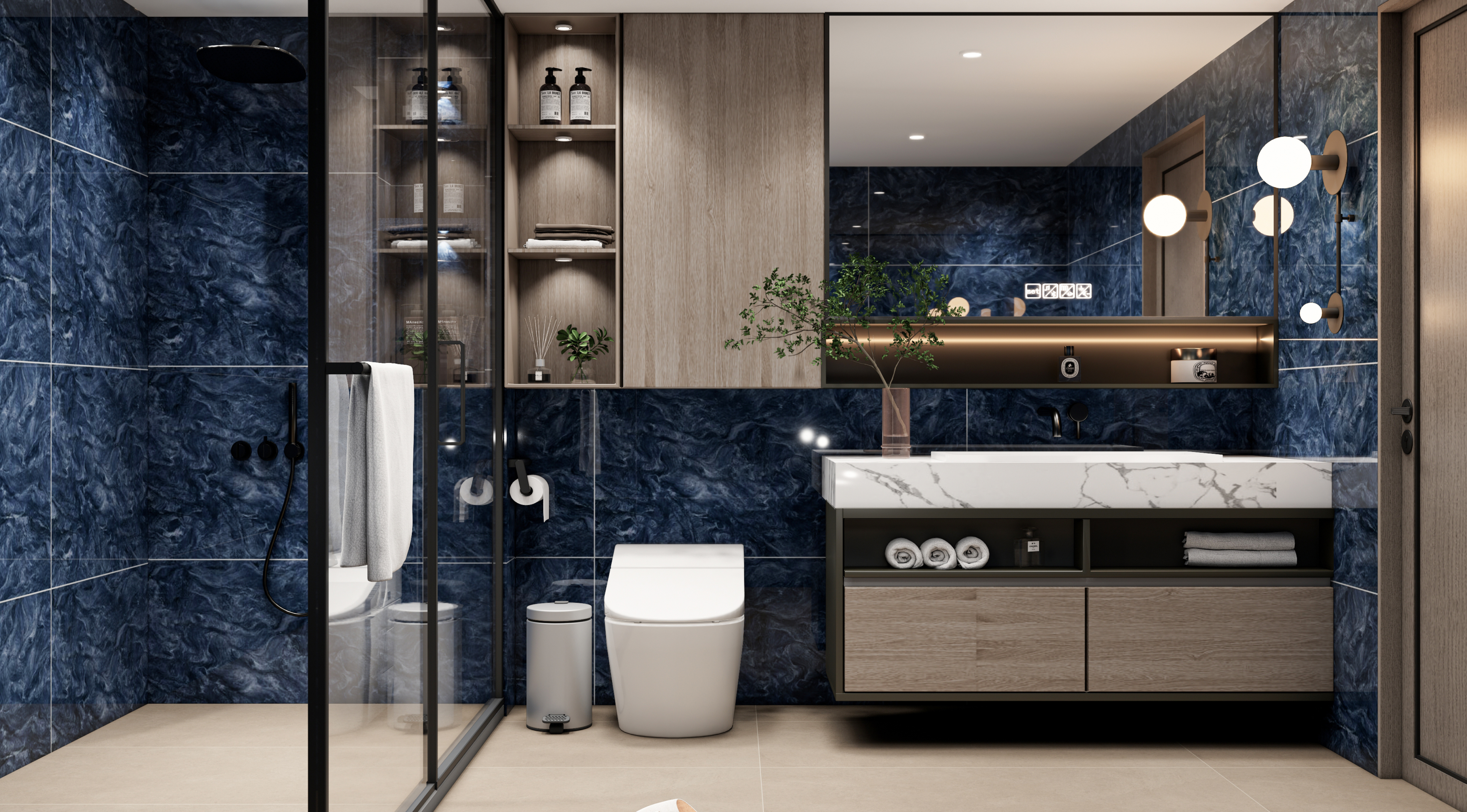 Modern Blue Marble Bathroom with Wooden Accents | Material Depot