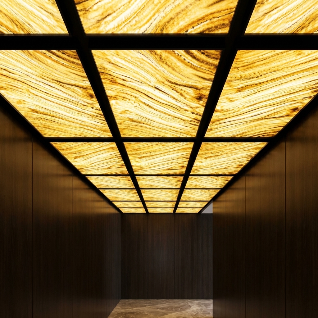 Modern ceiling with backlit alabaster ceiling panels and dark wood wall ...